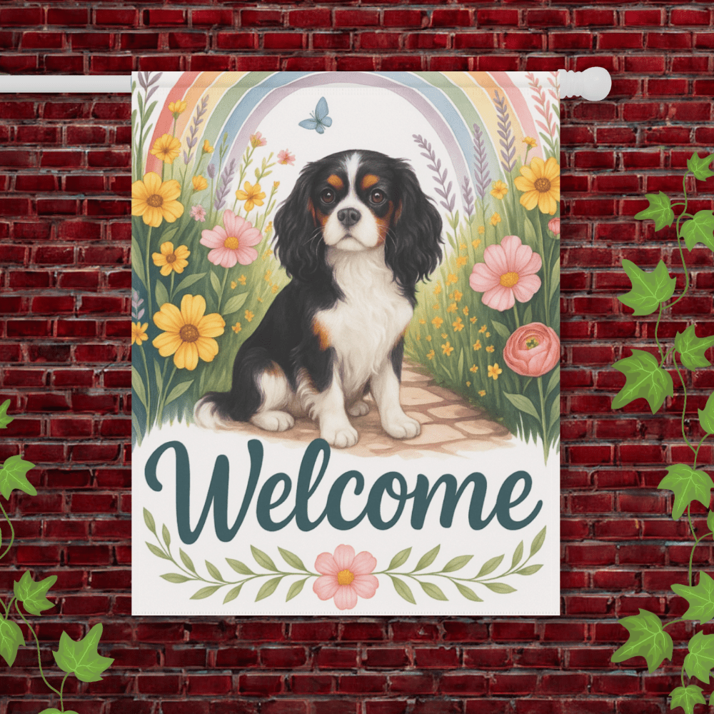Printify Garden Flag 24.5'' × 32'' Tricolor King Charles Spaniel Welcome Garden Flag