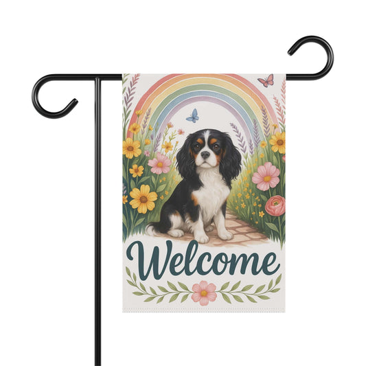 Tricolor King Charles Spaniel Welcome Garden Flag