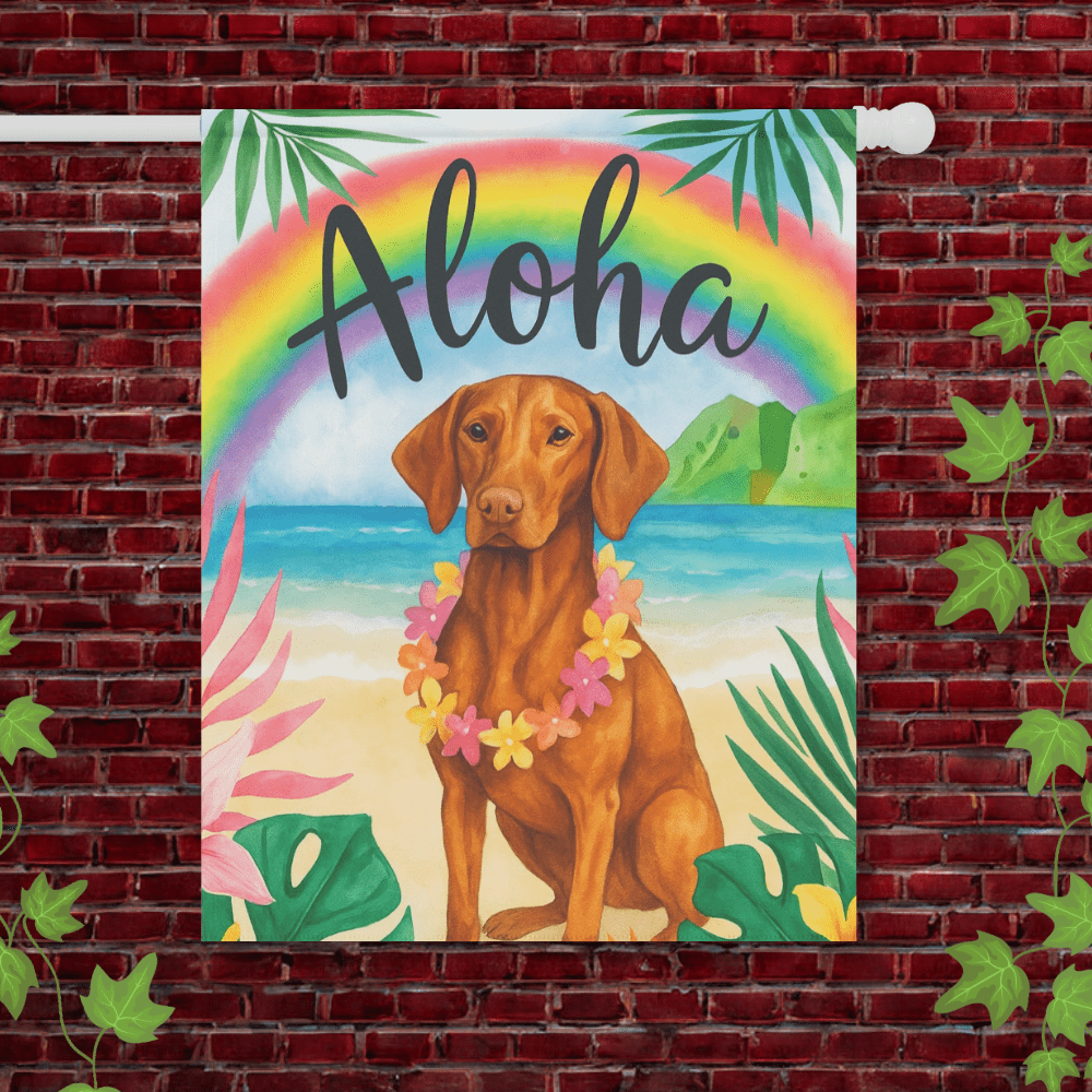 Printify Garden Flag 24.5'' × 32'' Vizsla Dog Aloha Luau Garden Flag
