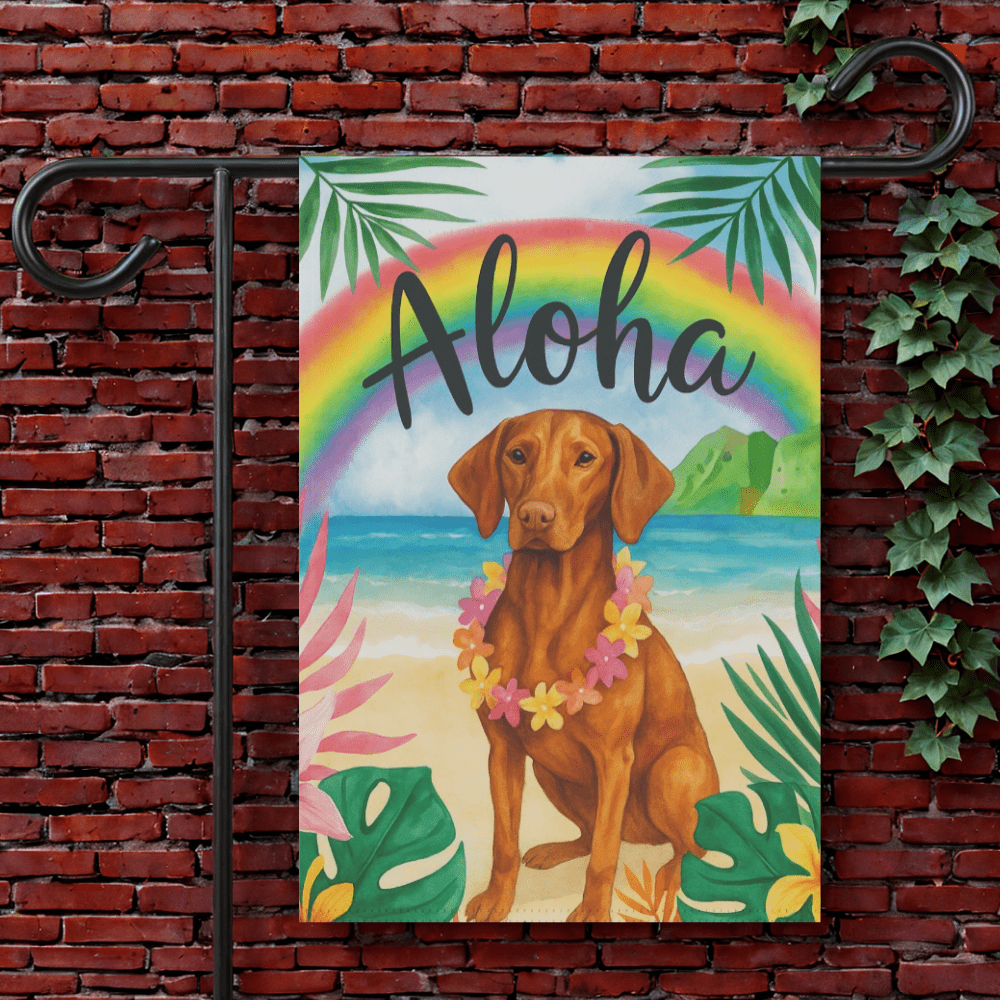 Printify Garden Flag 12'' × 18'' Vizsla Dog Aloha Luau Garden Flag