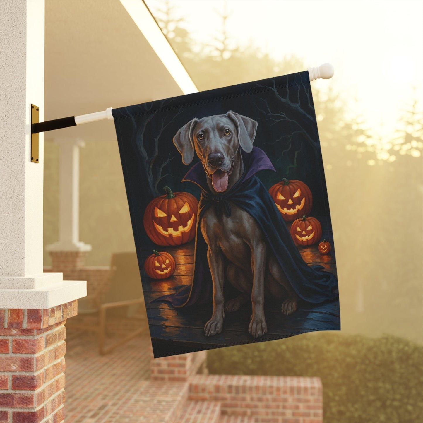 Printify Home Decor Weimaraner Dog Garden Flag – Vampire Pumpkin Yard Banner, Fall Outdoor Decor