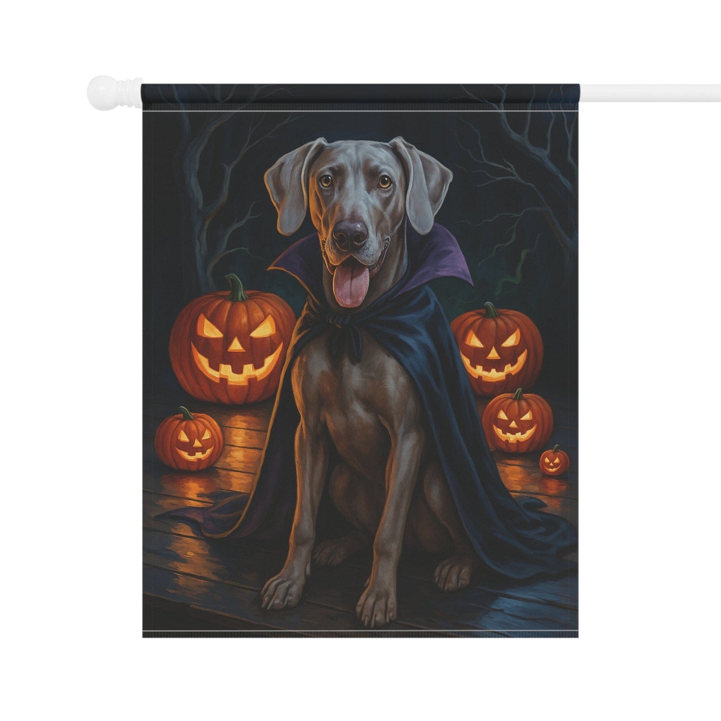 Printify Home Decor Weimaraner Dog Garden Flag – Vampire Pumpkin Yard Banner, Fall Outdoor Decor