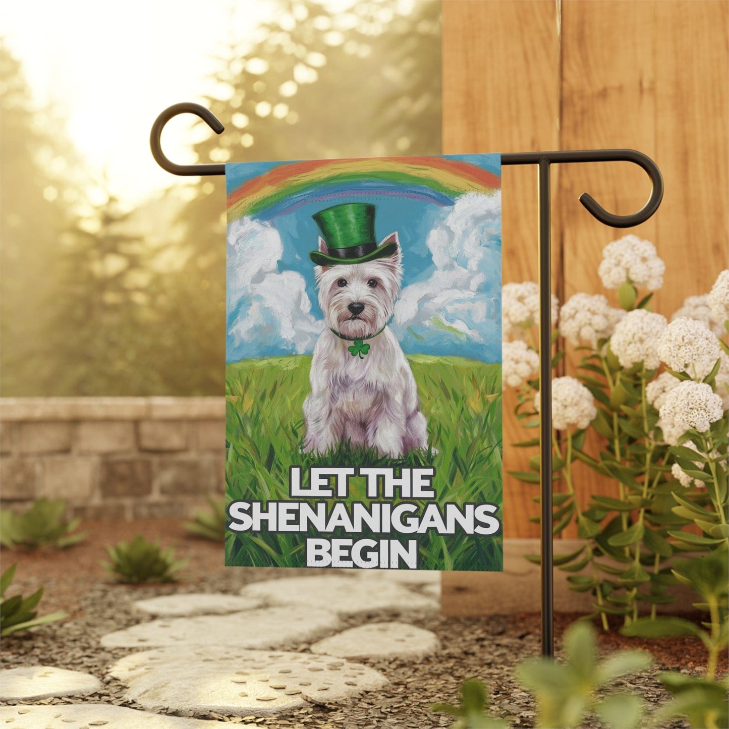 Printify Home Decor Westie St. Patrick's Day Lawn Flag, Rainbow Leprechaun Dog, Pet Garden Flag, Front Yard Lawn Decor