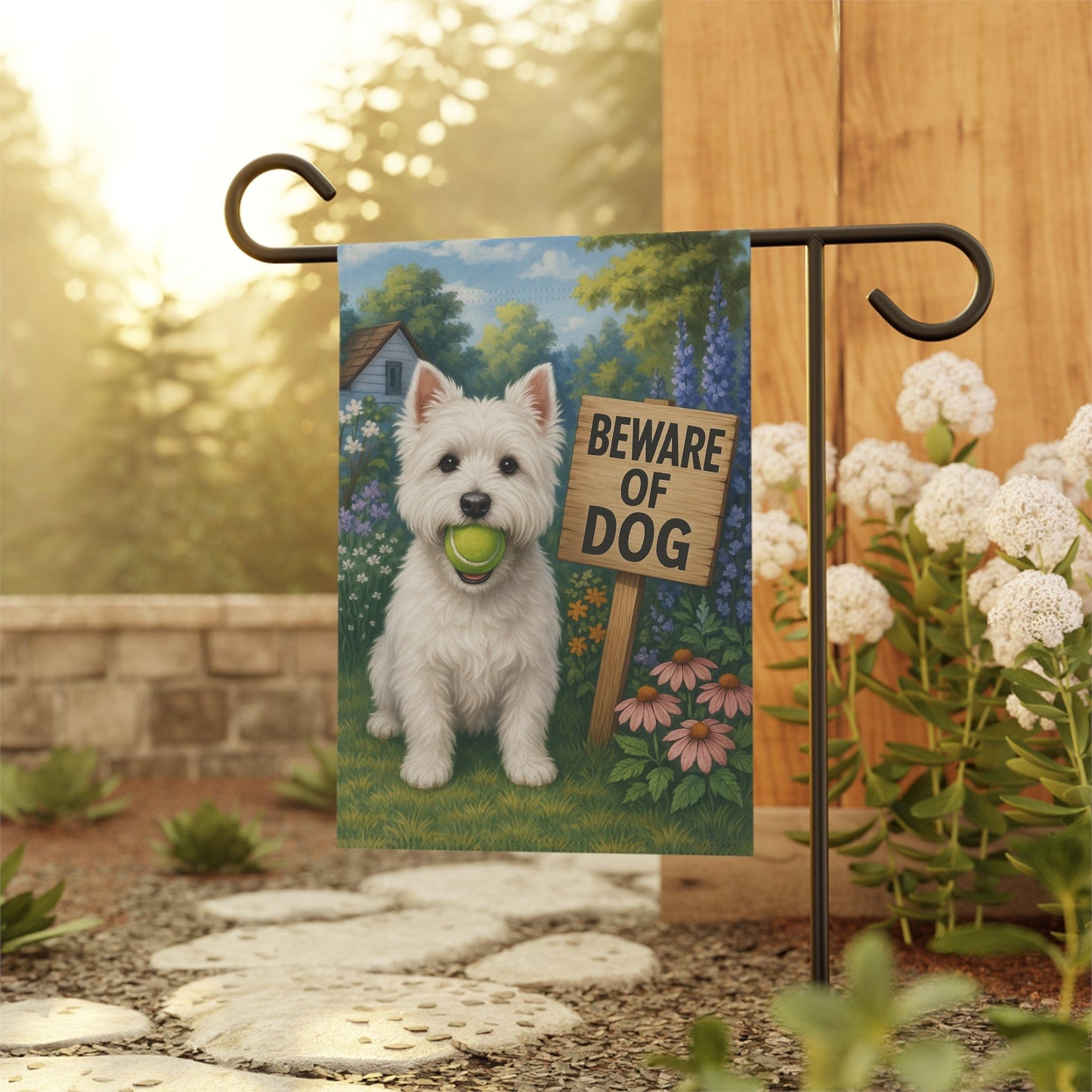 Printify Garden Flag Westie West Highland Terrier Funny Beware Garden Flag