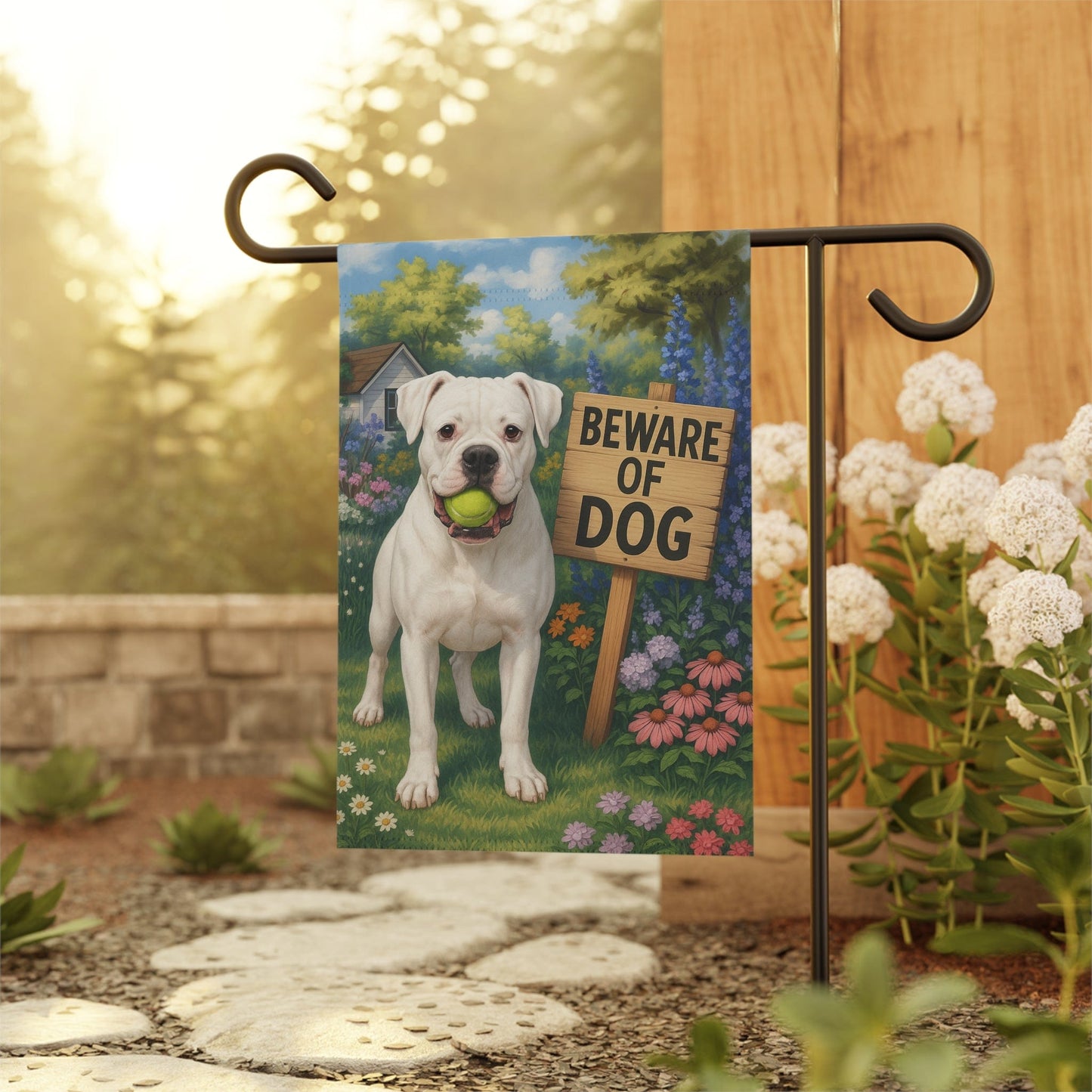 Printify Garden Flag White Boxer Funny Beware Dog Garden Flag