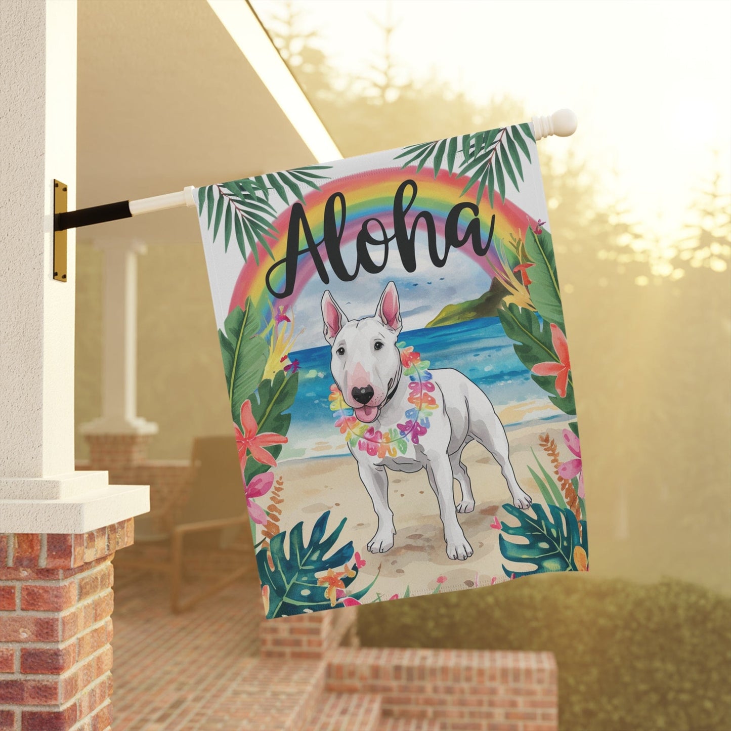 White Bull Terrier Aloha Garden Flag