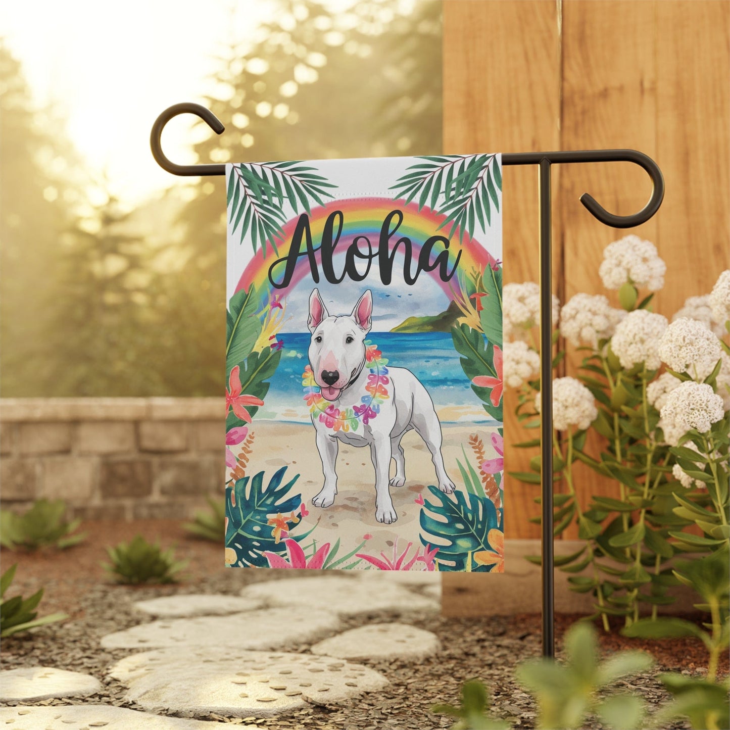 Printify Garden Flag White Bull Terrier Aloha Garden Flag