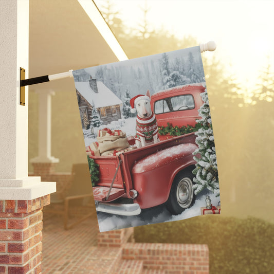 White Bull Terrier Dog Red Truck Christmas Garden Flag
