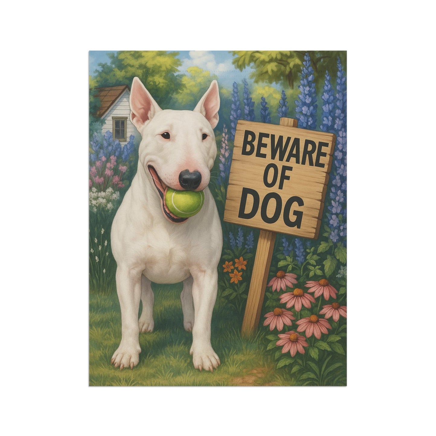 Printify Garden Flag White Bull Terrier Funny Beware Garden Flag