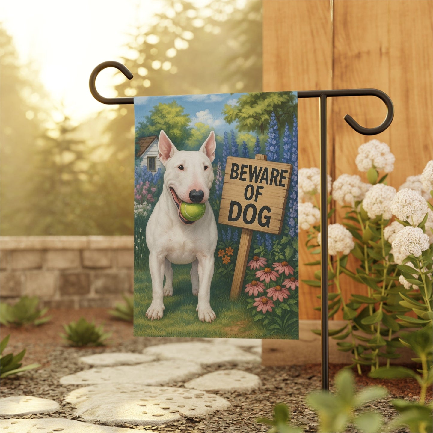 Printify Garden Flag White Bull Terrier Funny Beware Garden Flag
