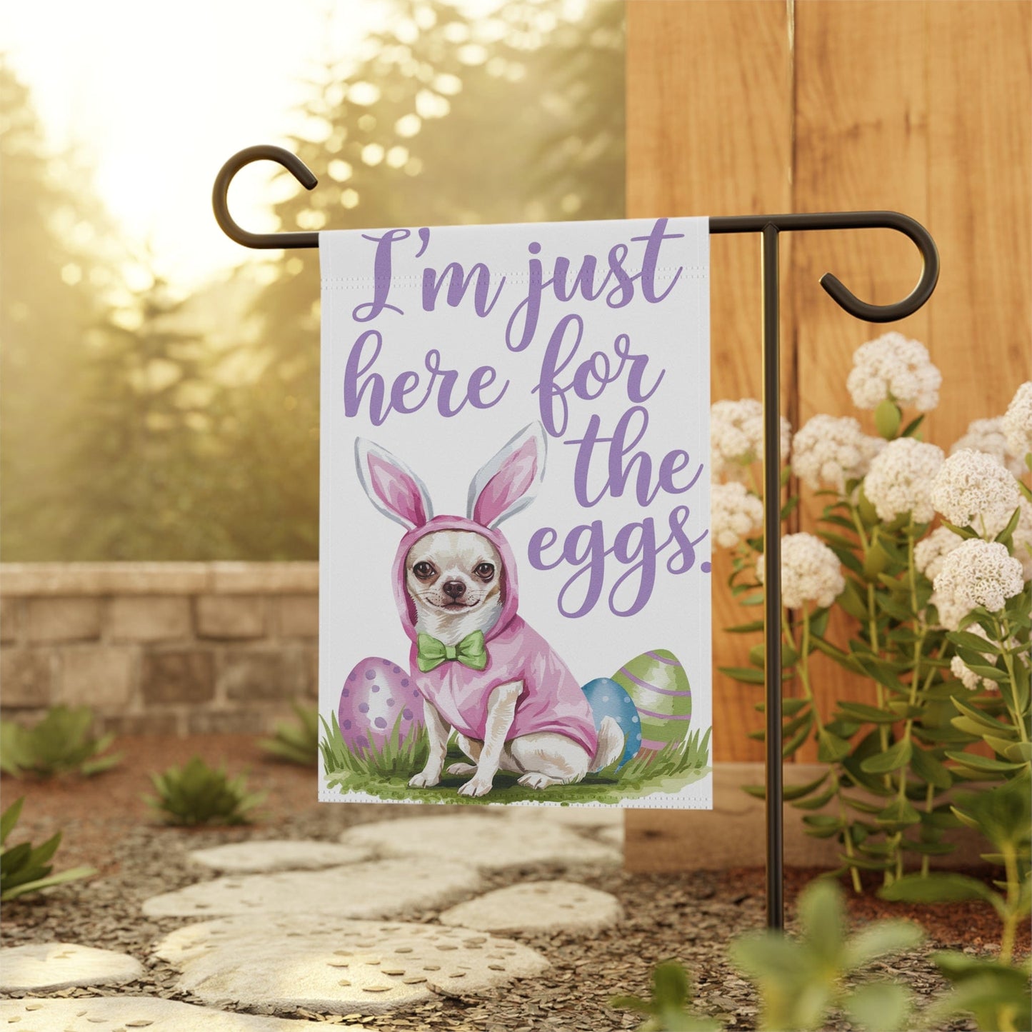 Printify Home Decor White Chihuahua Easter Bunny Rabbit Dog Yard Flag, Colorful Spring Holiday Funny Garden Flag, Lawn Decor