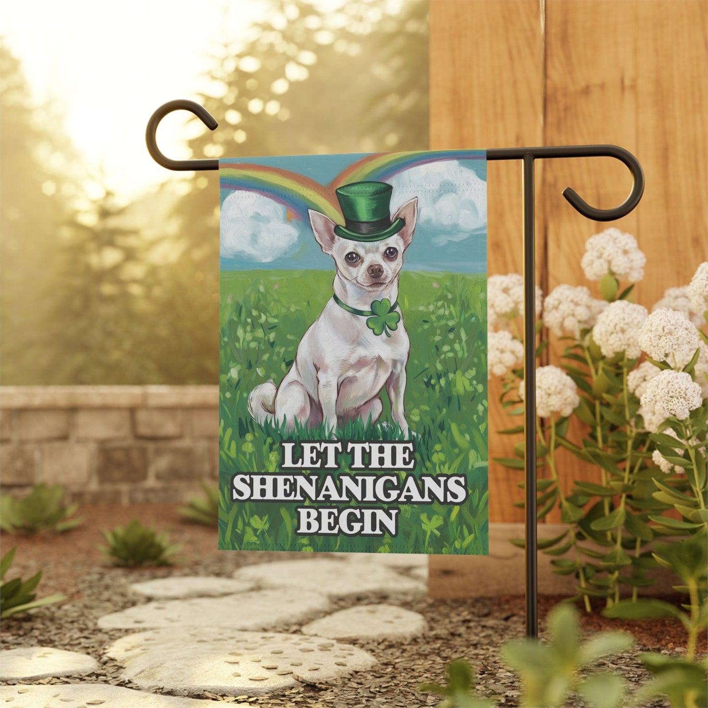 Printify Home Decor 12'' × 18'' White Chihuahua Garden Flag, Saint Patricks Day Funny Dog Lovers Yard Outside Decor