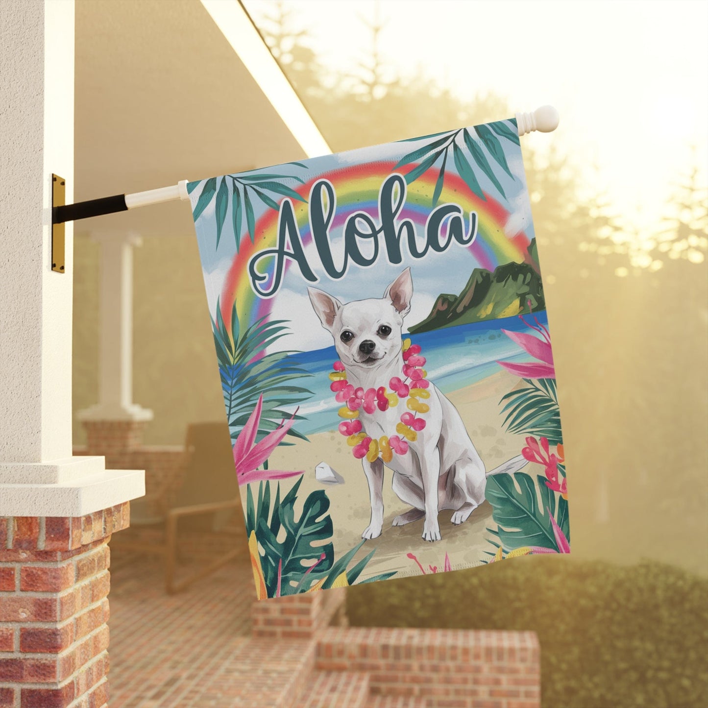Printify Garden Flag White Chihuahua Hawaii Garden Flag