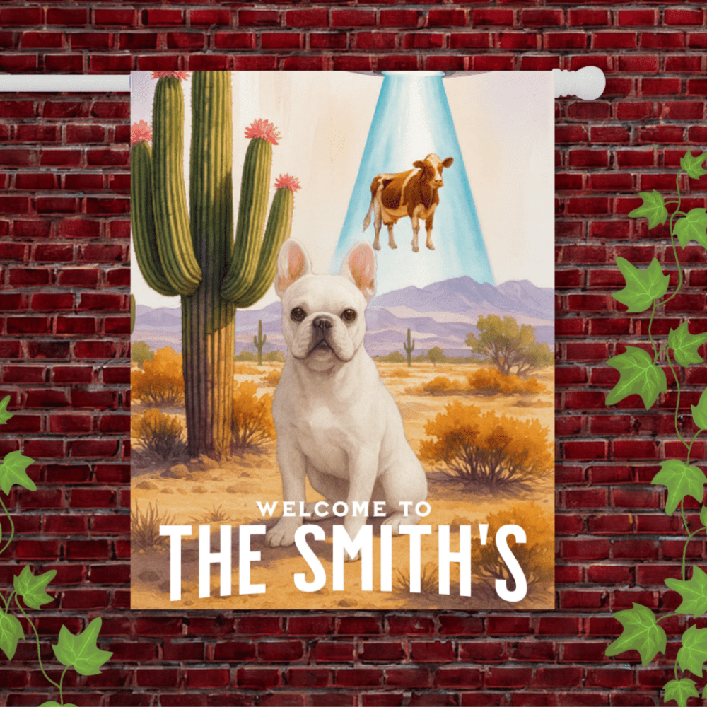 Printify Garden Flag 24.5'' × 32'' White French Bulldog Aliens Garden Flag