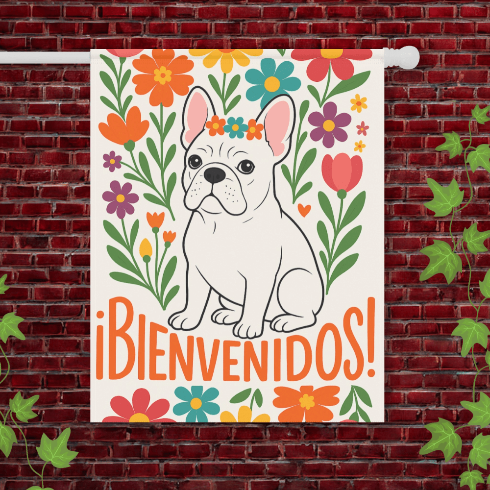 Printify Garden Flag 24.5'' × 32'' White French Bulldog Bienvenidos Garden Flag