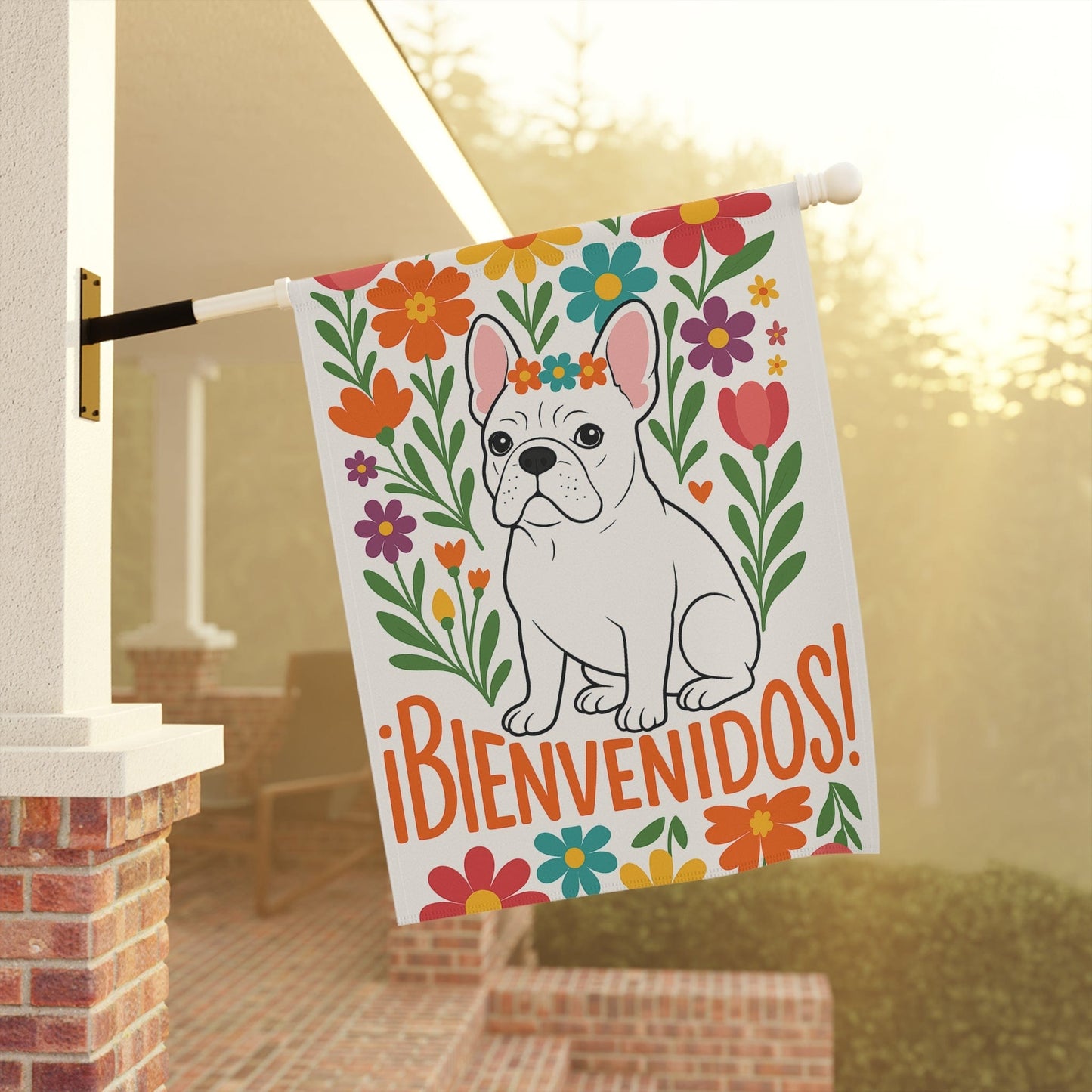 Printify Garden Flag White French Bulldog Bienvenidos Garden Flag