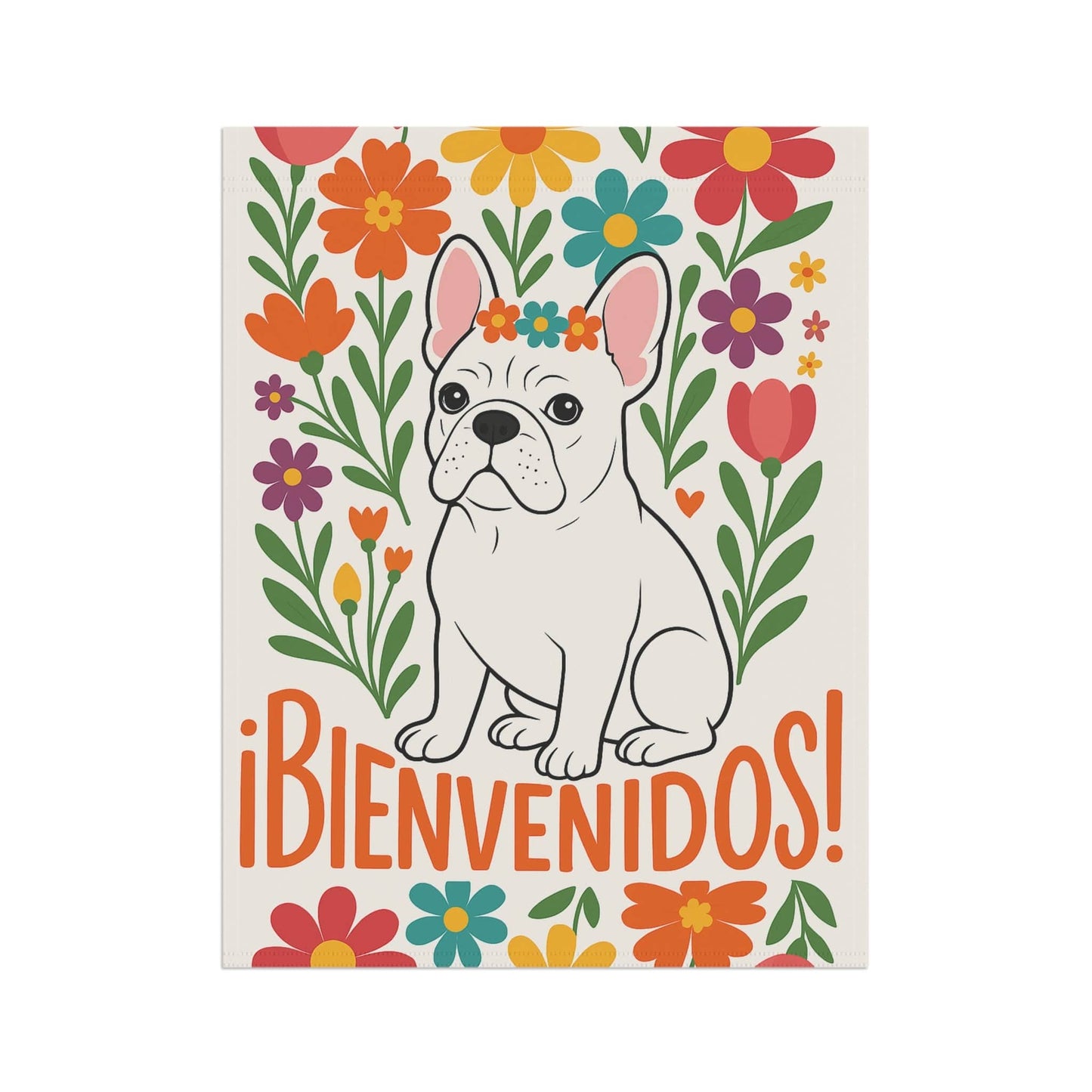 Printify Garden Flag White French Bulldog Bienvenidos Garden Flag