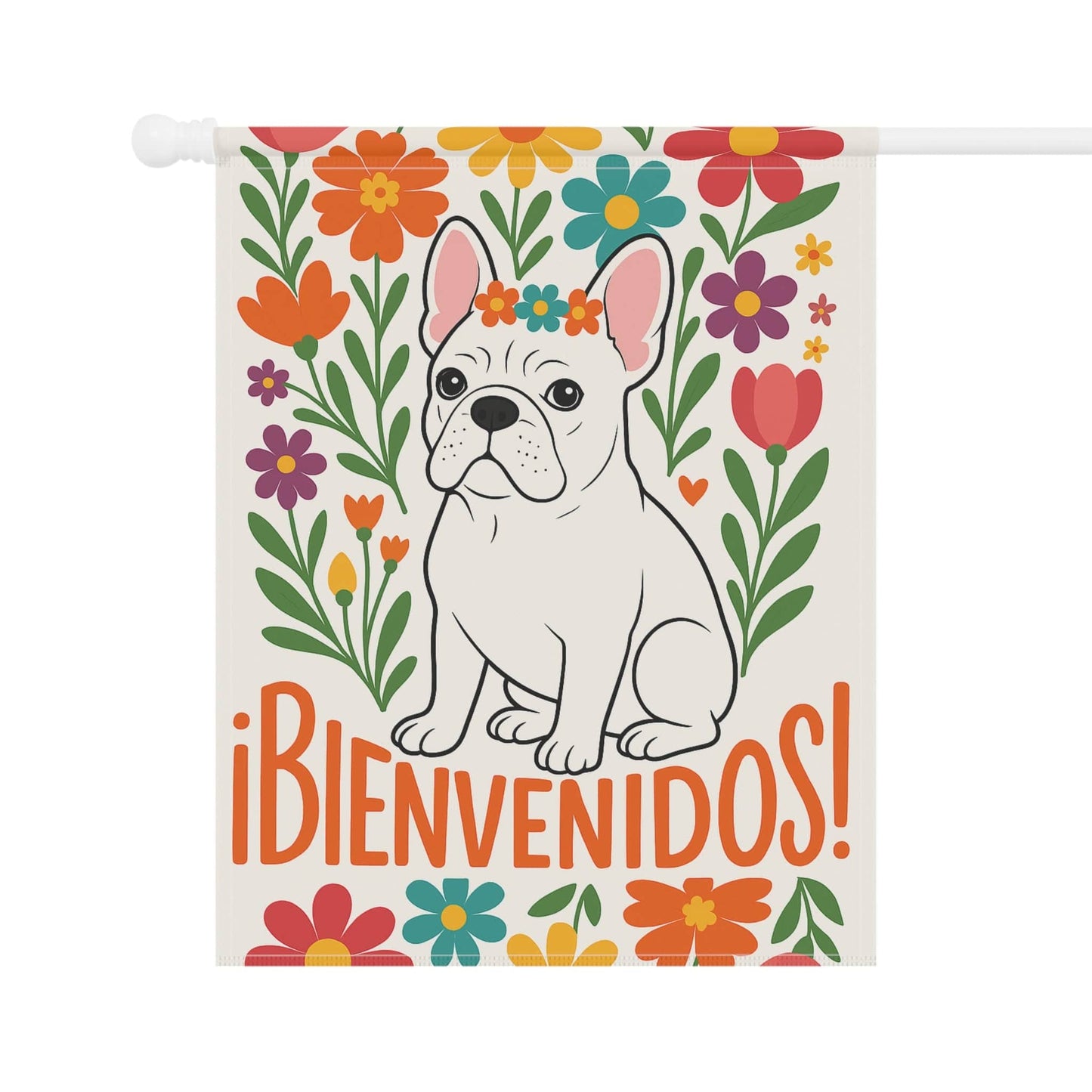 Printify Garden Flag White French Bulldog Bienvenidos Garden Flag