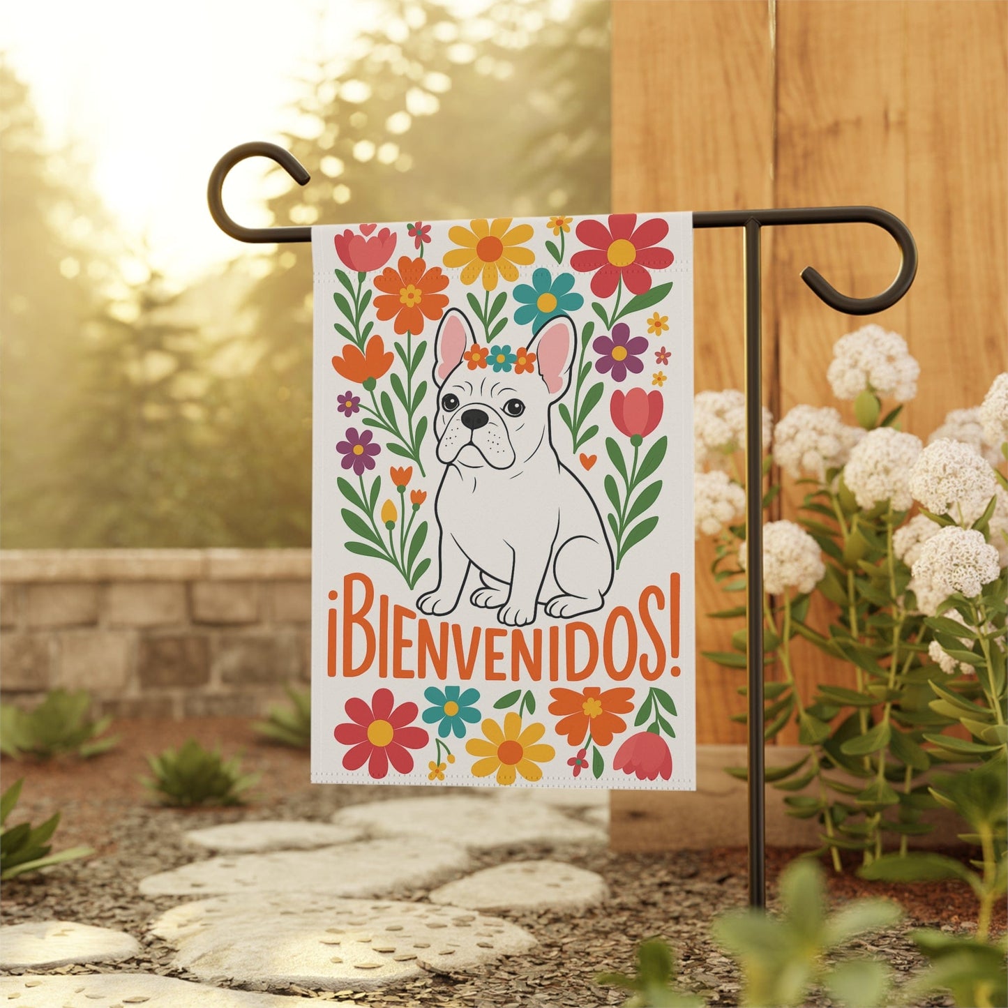 Printify Garden Flag White French Bulldog Bienvenidos Garden Flag