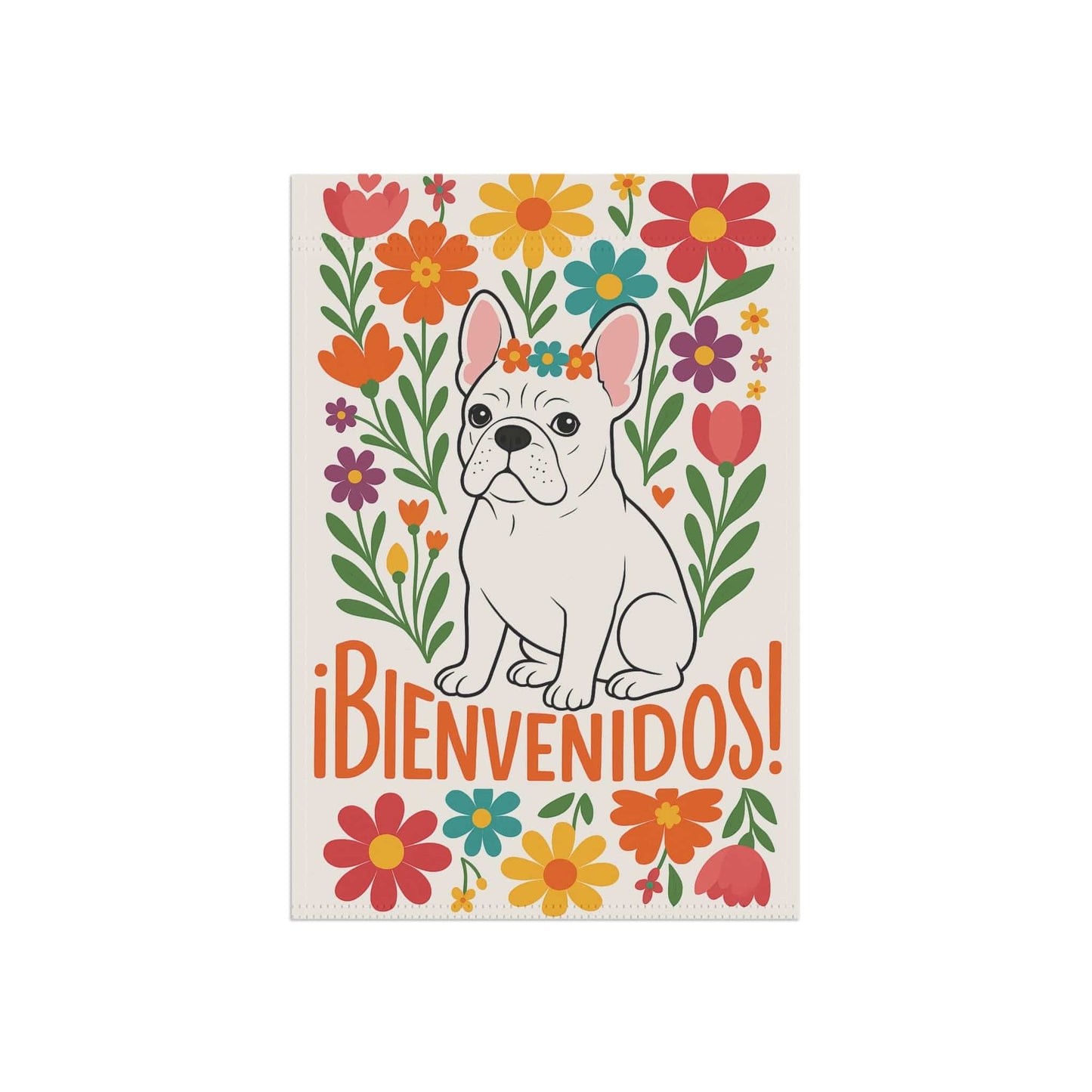 Printify Garden Flag White French Bulldog Bienvenidos Garden Flag