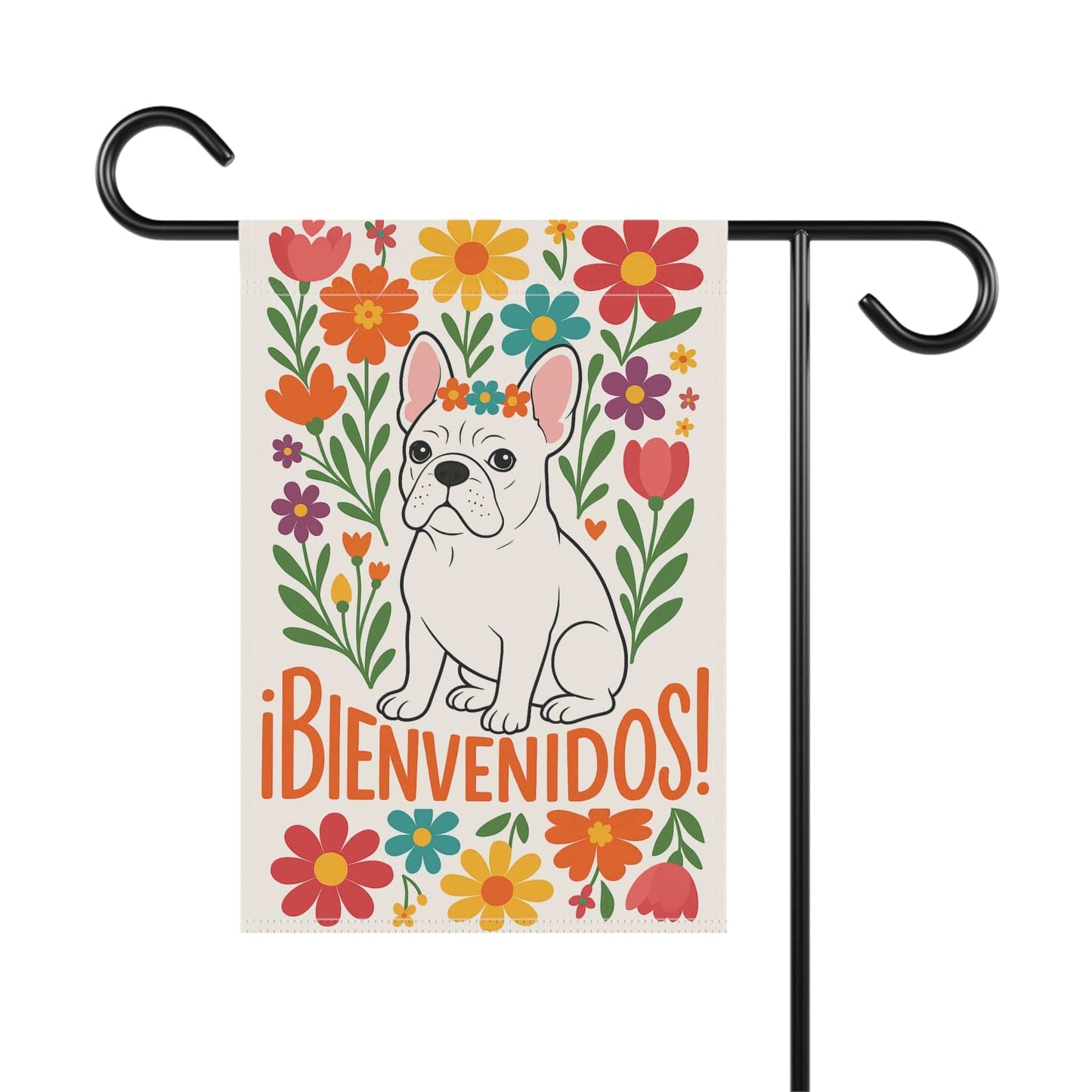 Printify Garden Flag White French Bulldog Bienvenidos Garden Flag