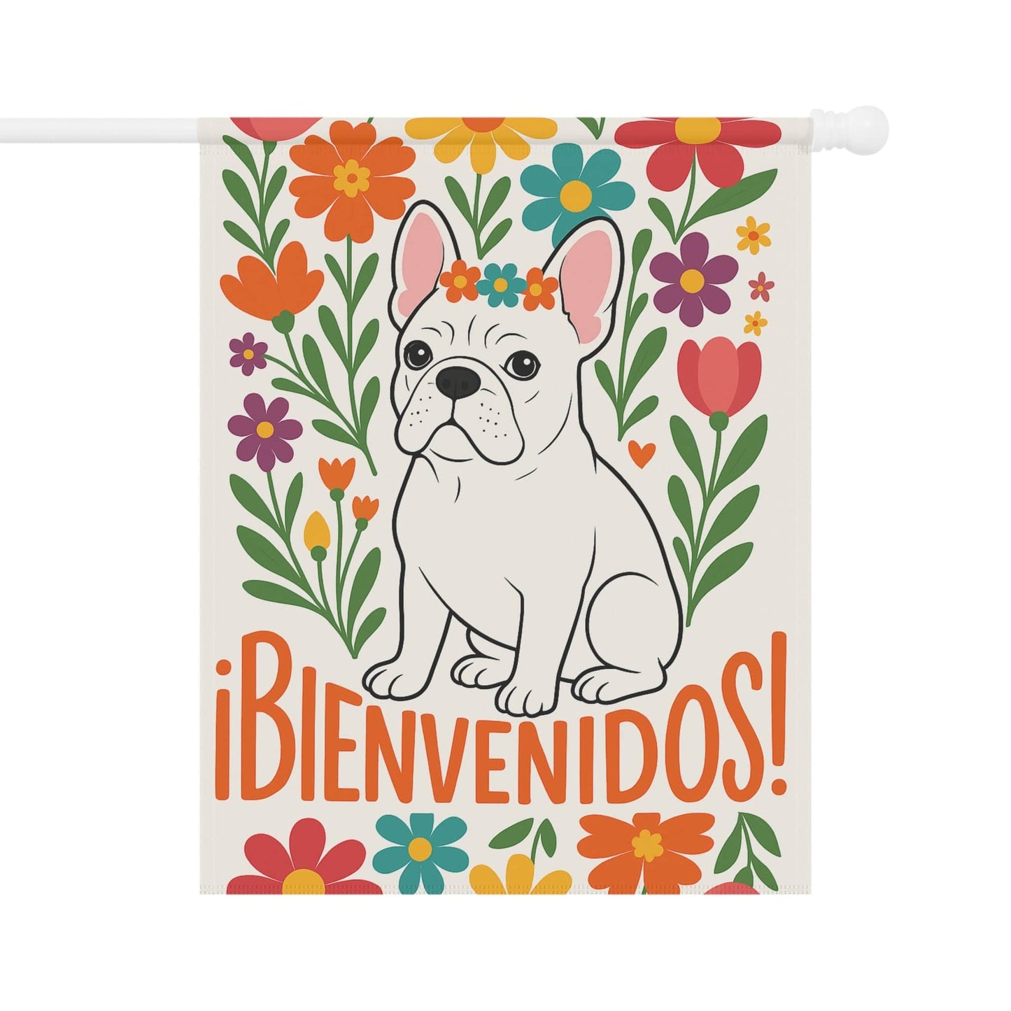 Printify Garden Flag White French Bulldog Bienvenidos Garden Flag