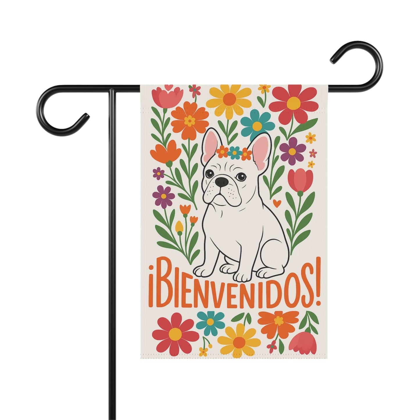Printify Garden Flag White French Bulldog Bienvenidos Garden Flag