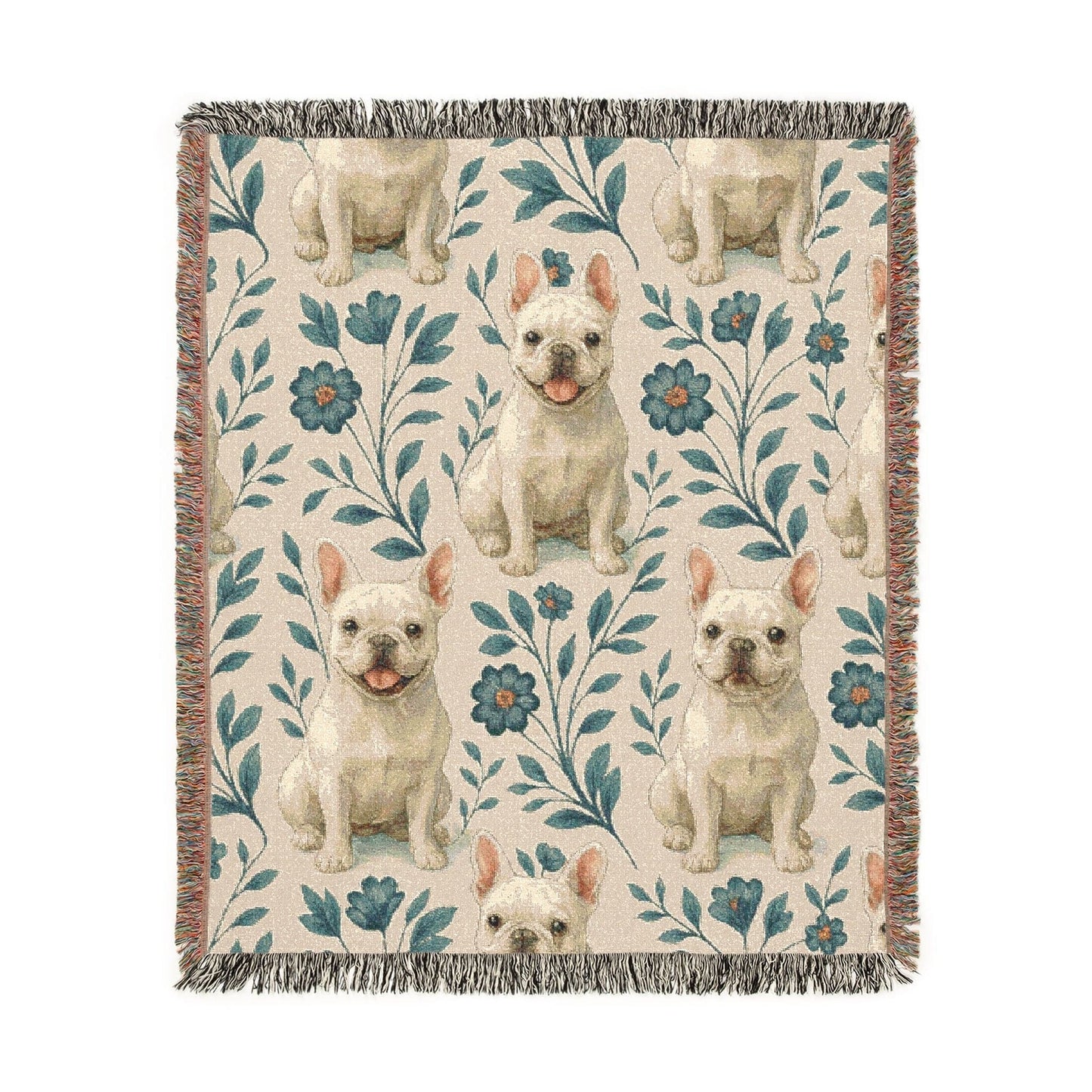 Printify Blanket White French Bulldog Blue Floral Throw Blanket