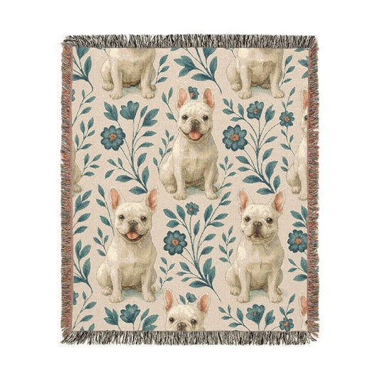 White French Bulldog Blue Floral Throw Blanket