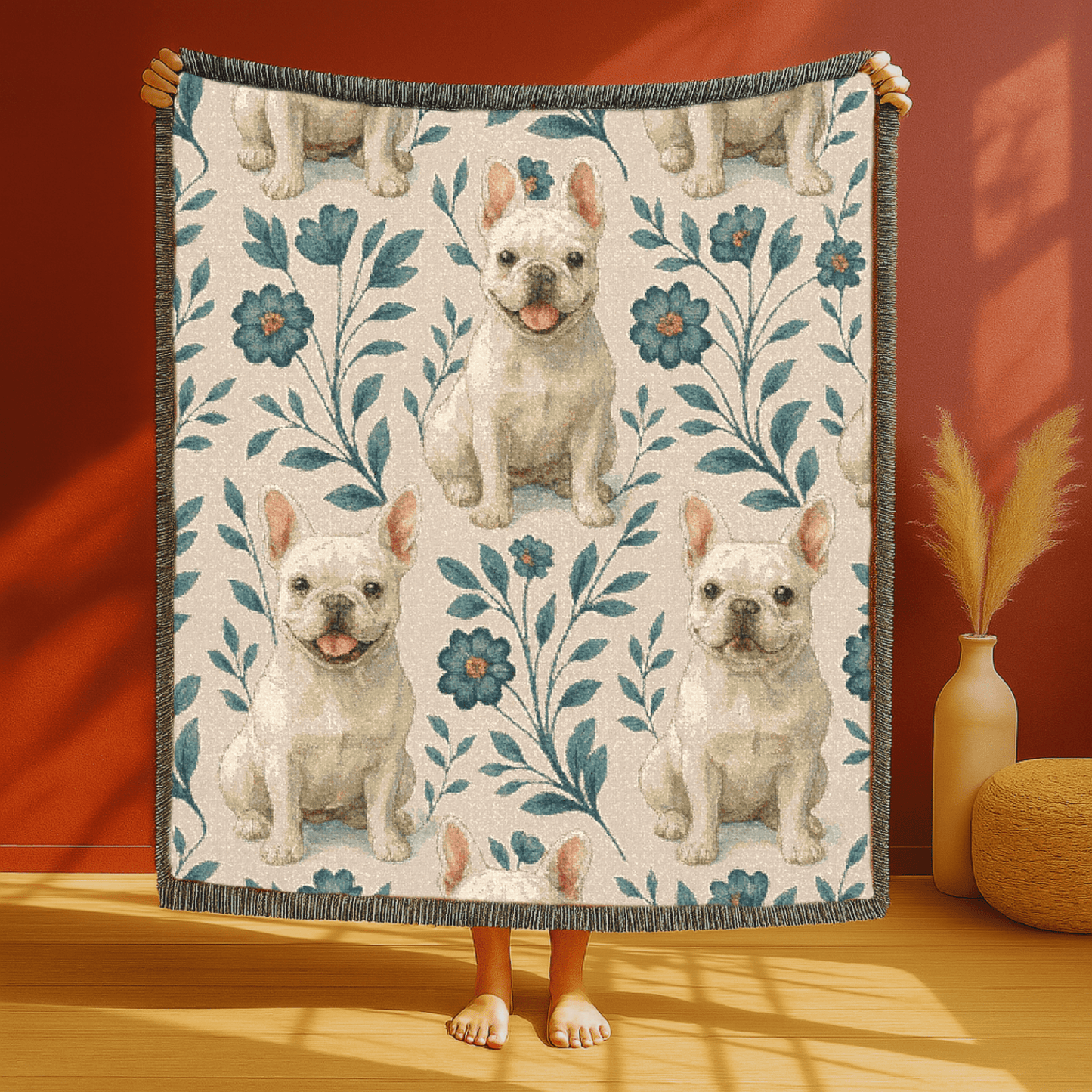 Printify Blanket White French Bulldog Blue Floral Throw Blanket
