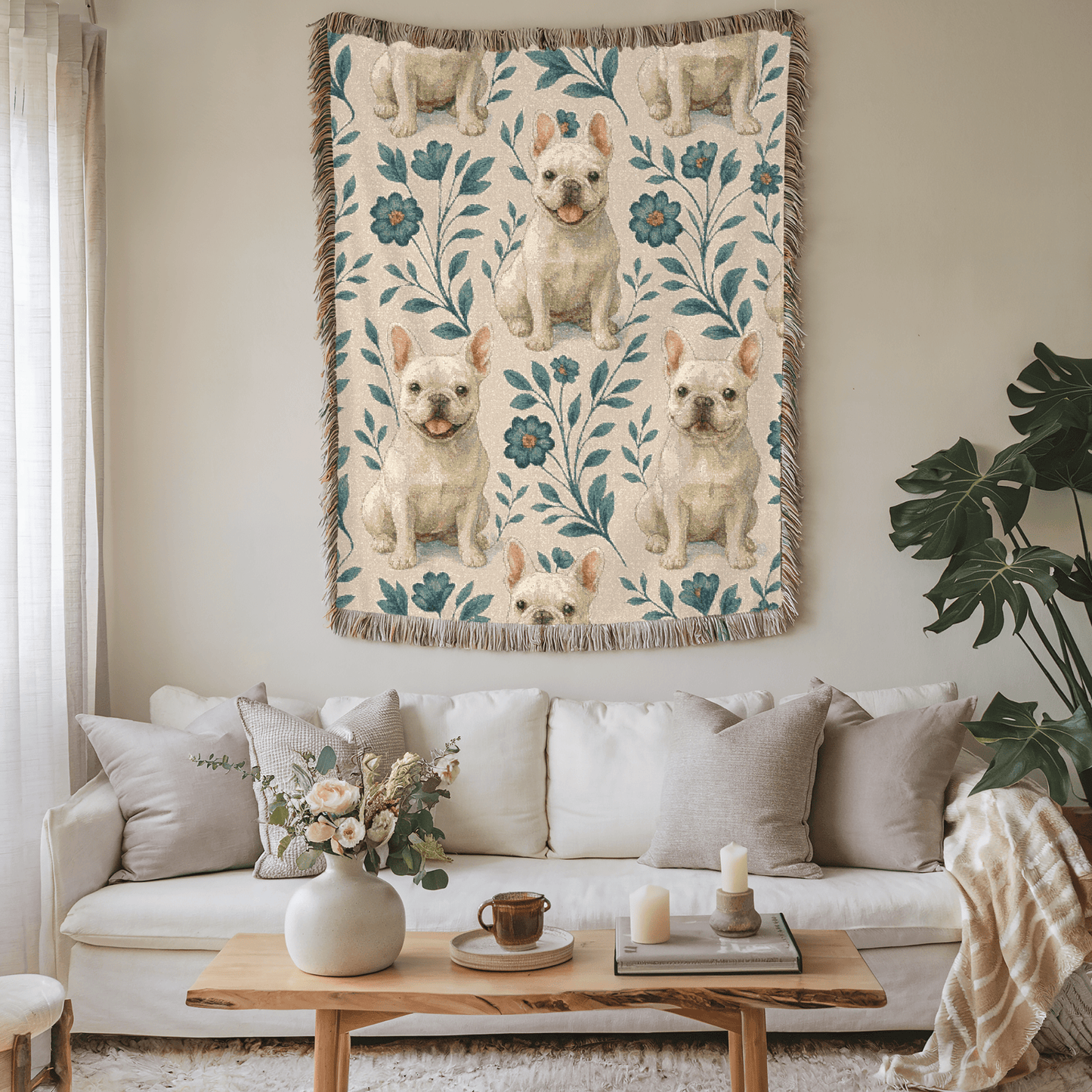 Printify Blanket White French Bulldog Blue Floral Throw Blanket