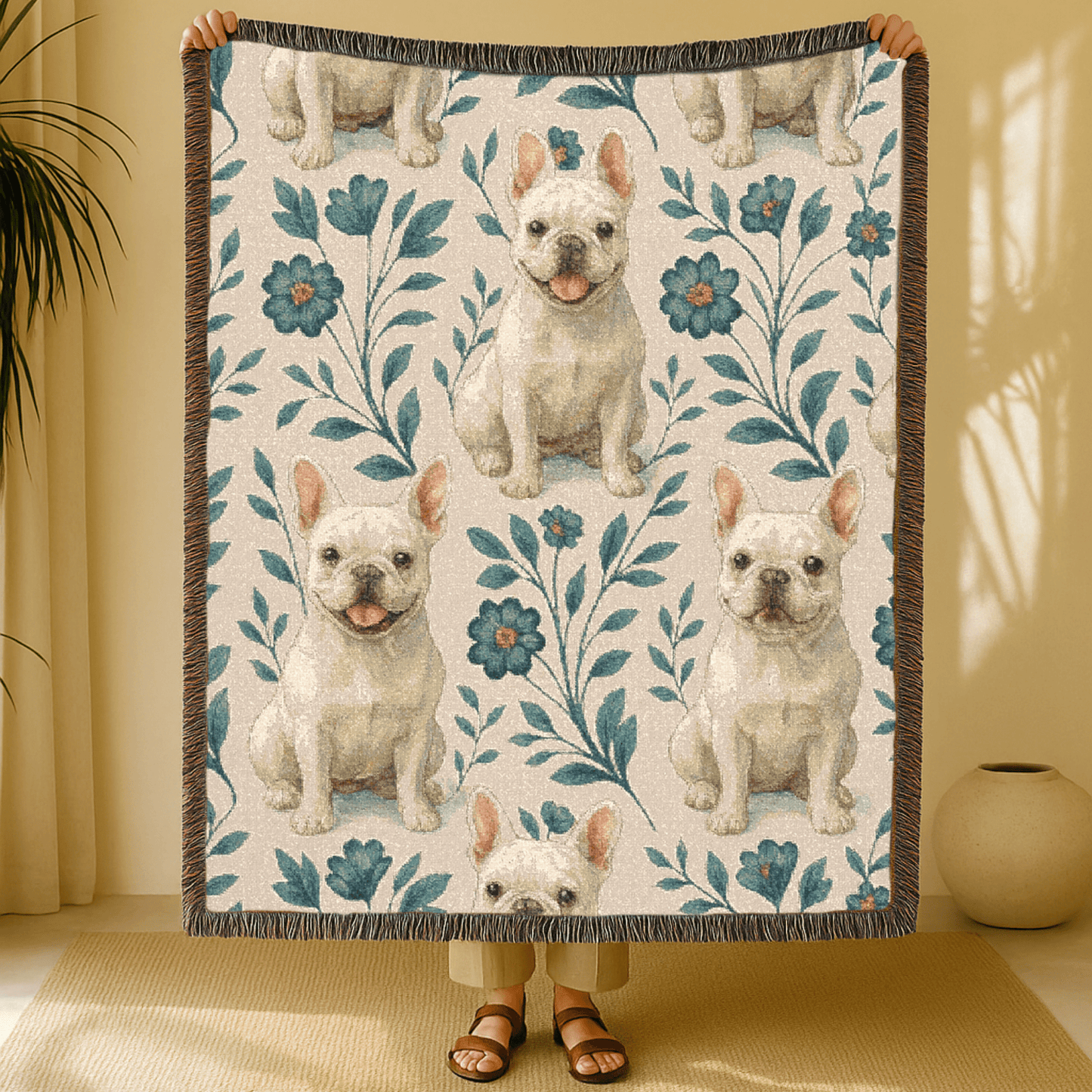 Printify Blanket White French Bulldog Blue Floral Throw Blanket