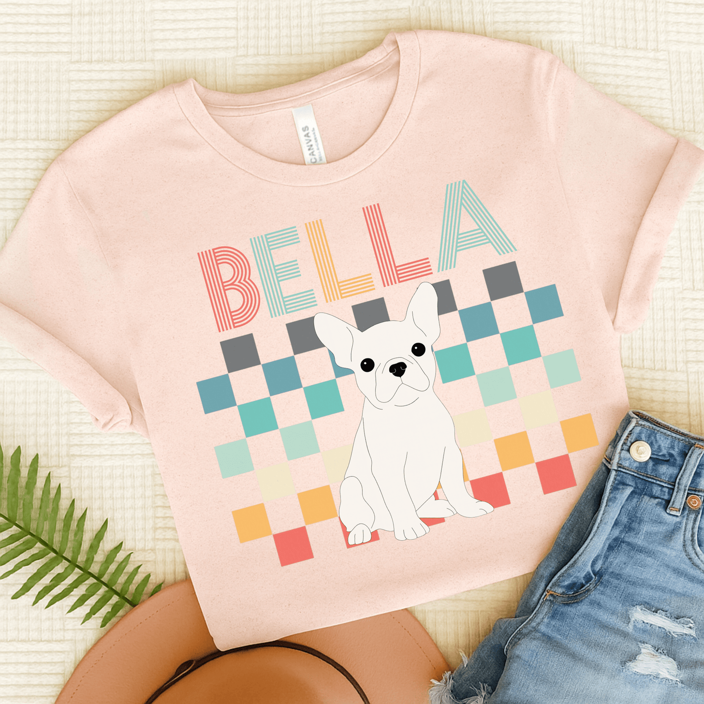 Printify T-Shirt Soft Pink / S White French Bulldog Checkered Tee