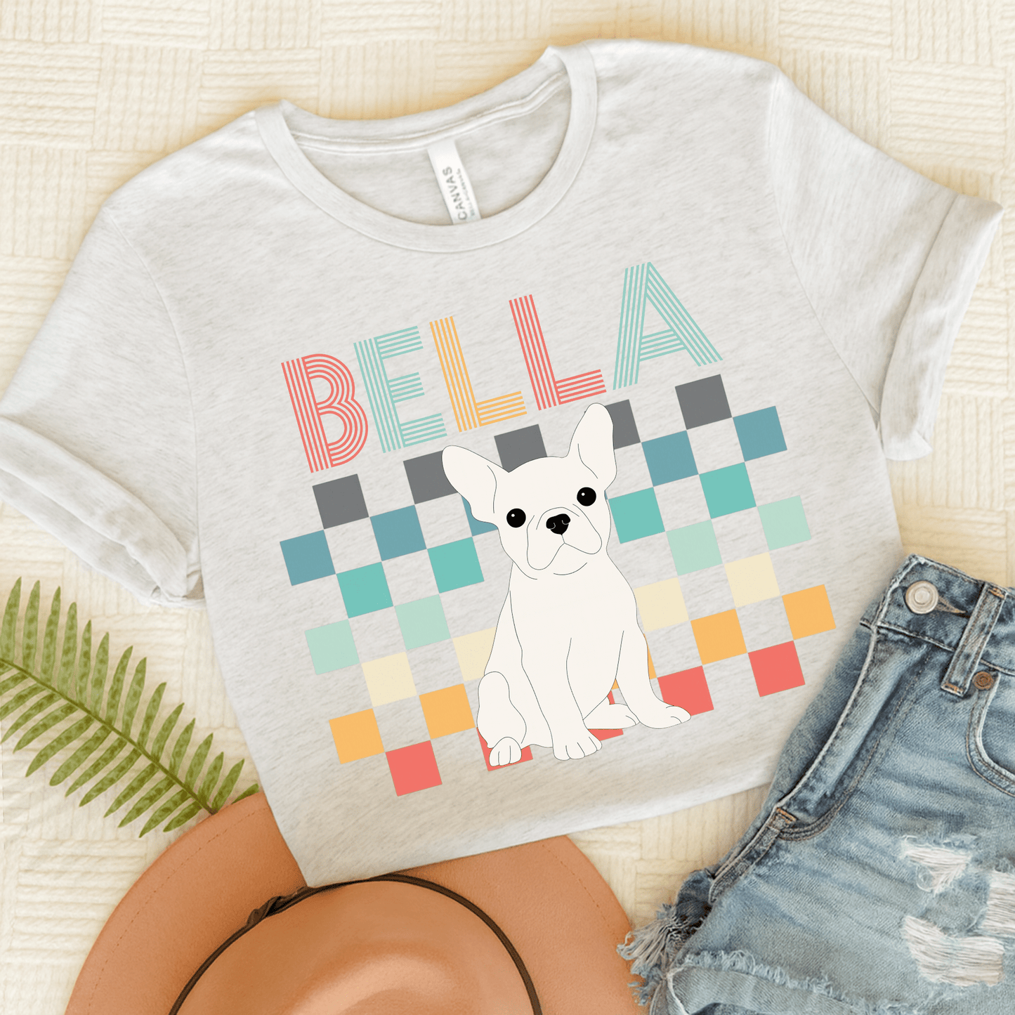 Printify T-Shirt Ash / S White French Bulldog Checkered Tee