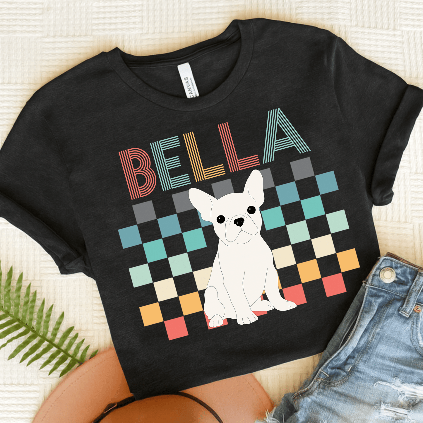 Printify T-Shirt Solid Black Blend / S White French Bulldog Checkered Tee