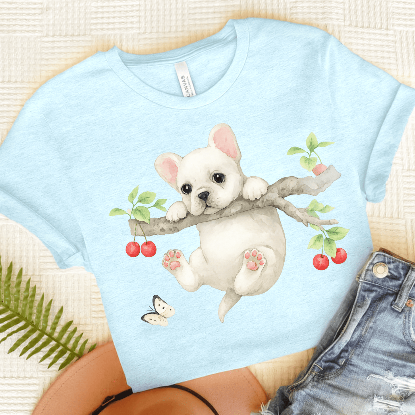 Printify T-Shirt Heather Ice Blue / S White French Bulldog Hang In There Tshirt