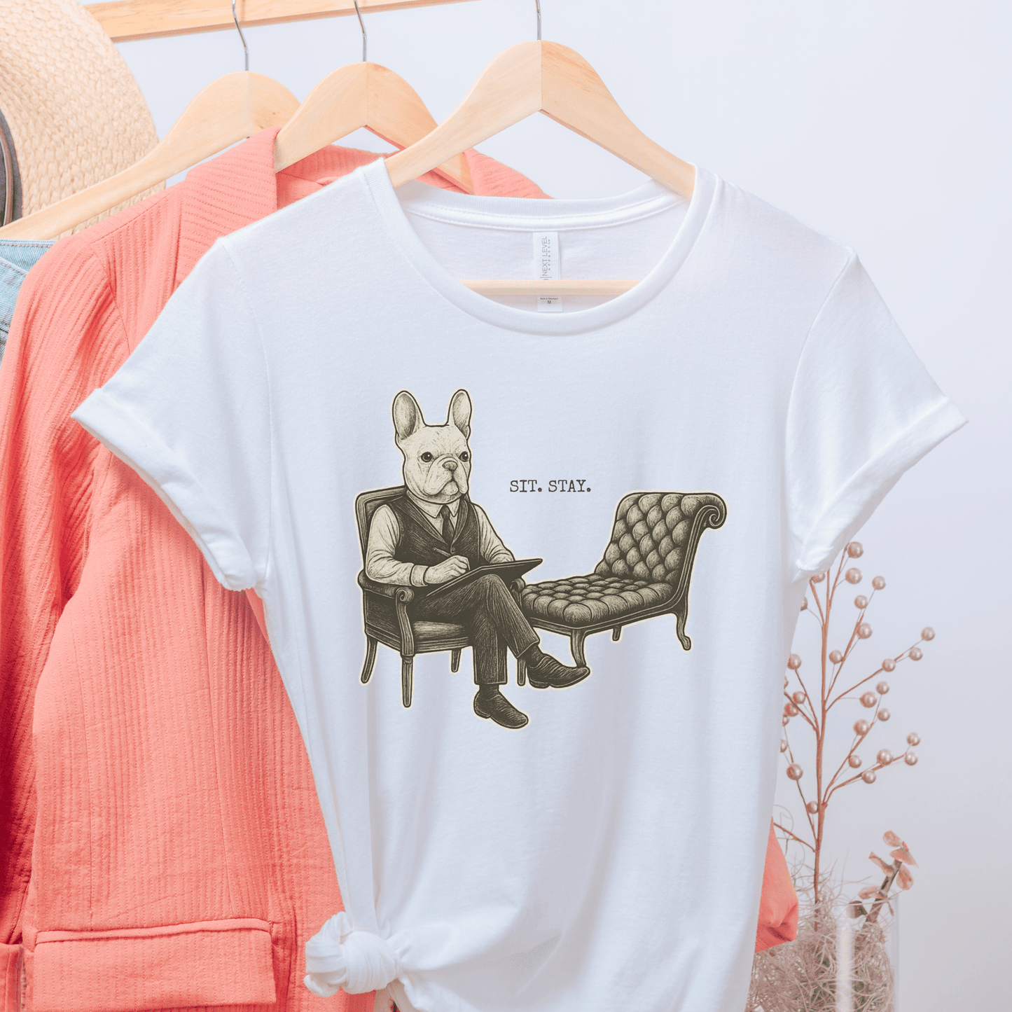 Printify T-Shirt White French Bulldog Sit Stay TShirt