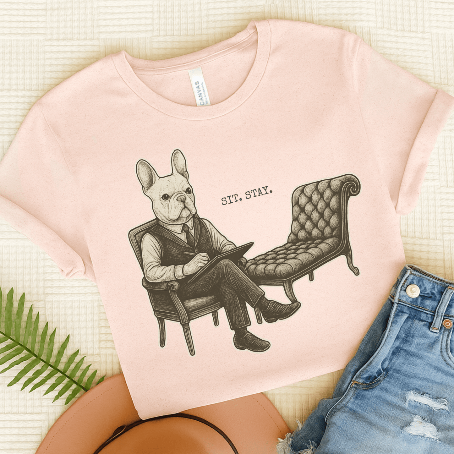 Printify T-Shirt Soft Pink / S White French Bulldog Sit Stay TShirt