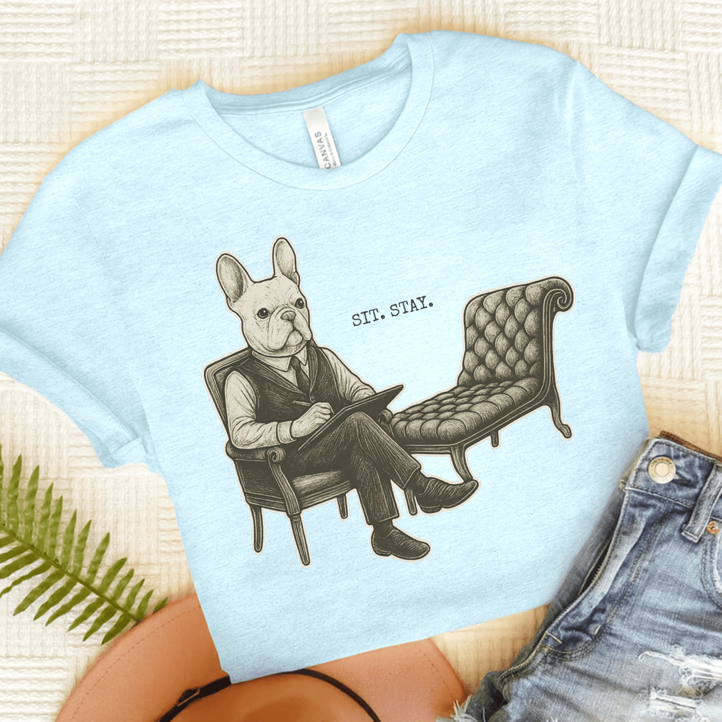 Printify T-Shirt Heather Ice Blue / S White French Bulldog Sit Stay TShirt