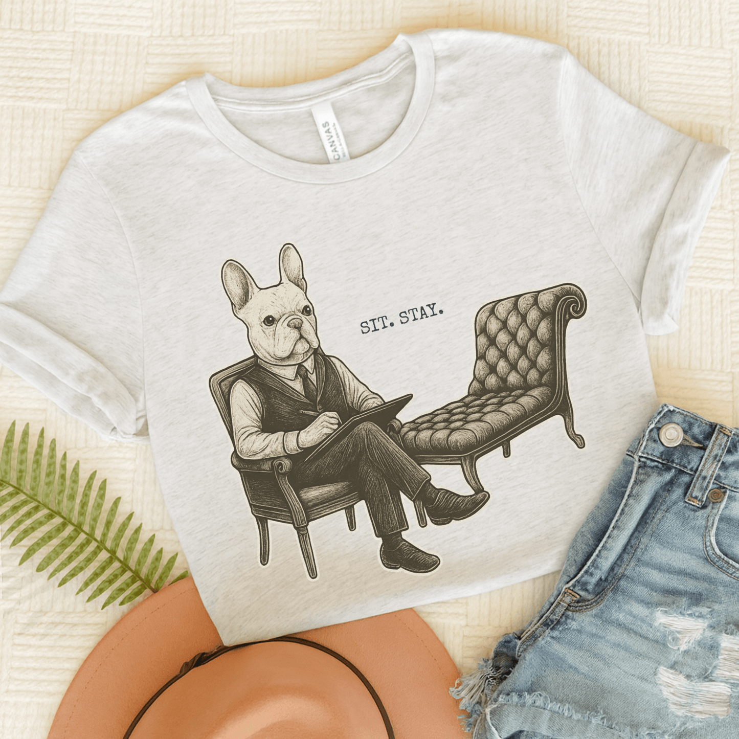 Printify T-Shirt Ash / S White French Bulldog Sit Stay TShirt