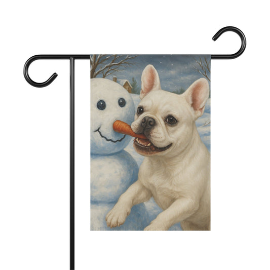 White French Bulldog Snowman Garden Flag