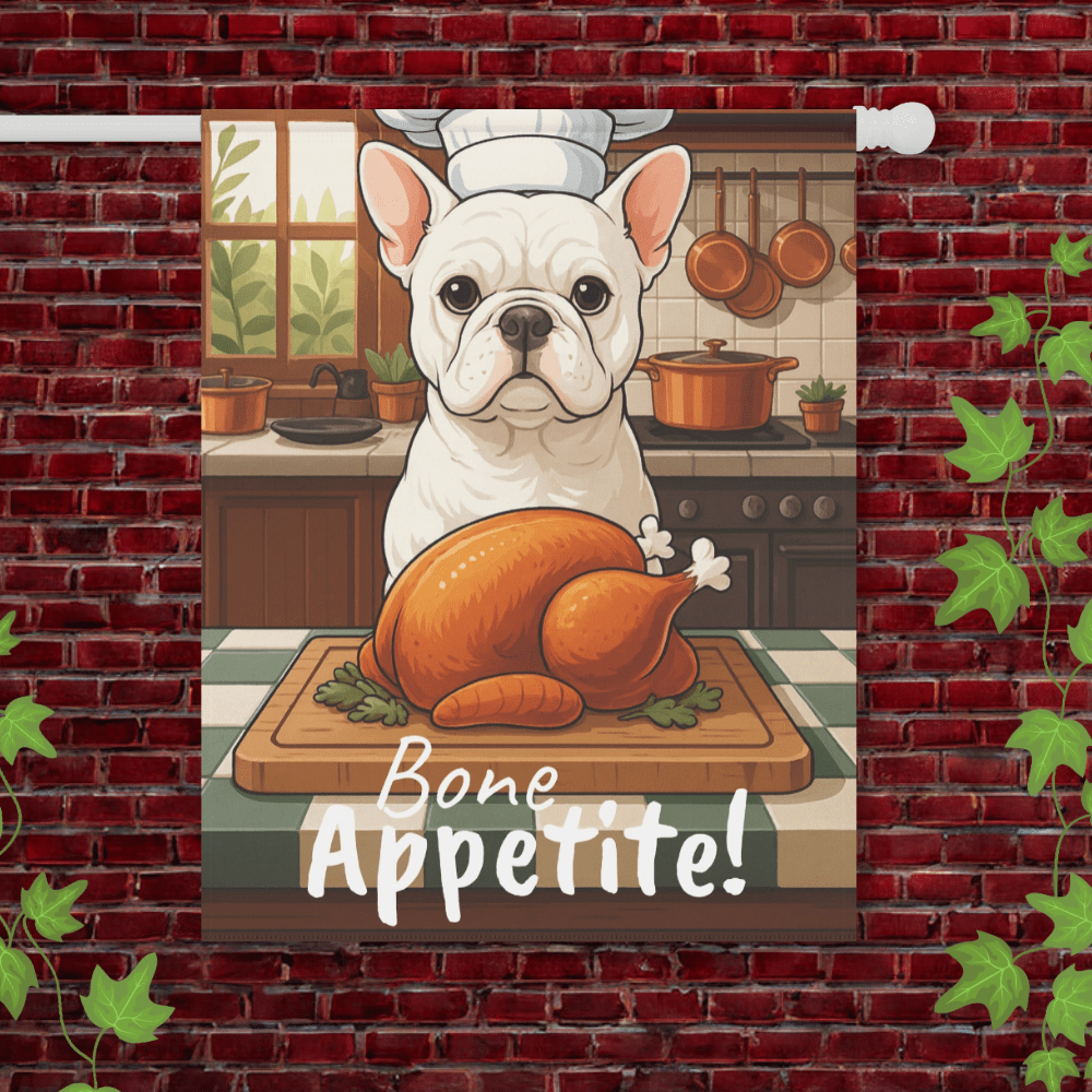 Printify Garden Flag 24.5'' × 32'' White French Bulldog Thanksgiving Garden Flag