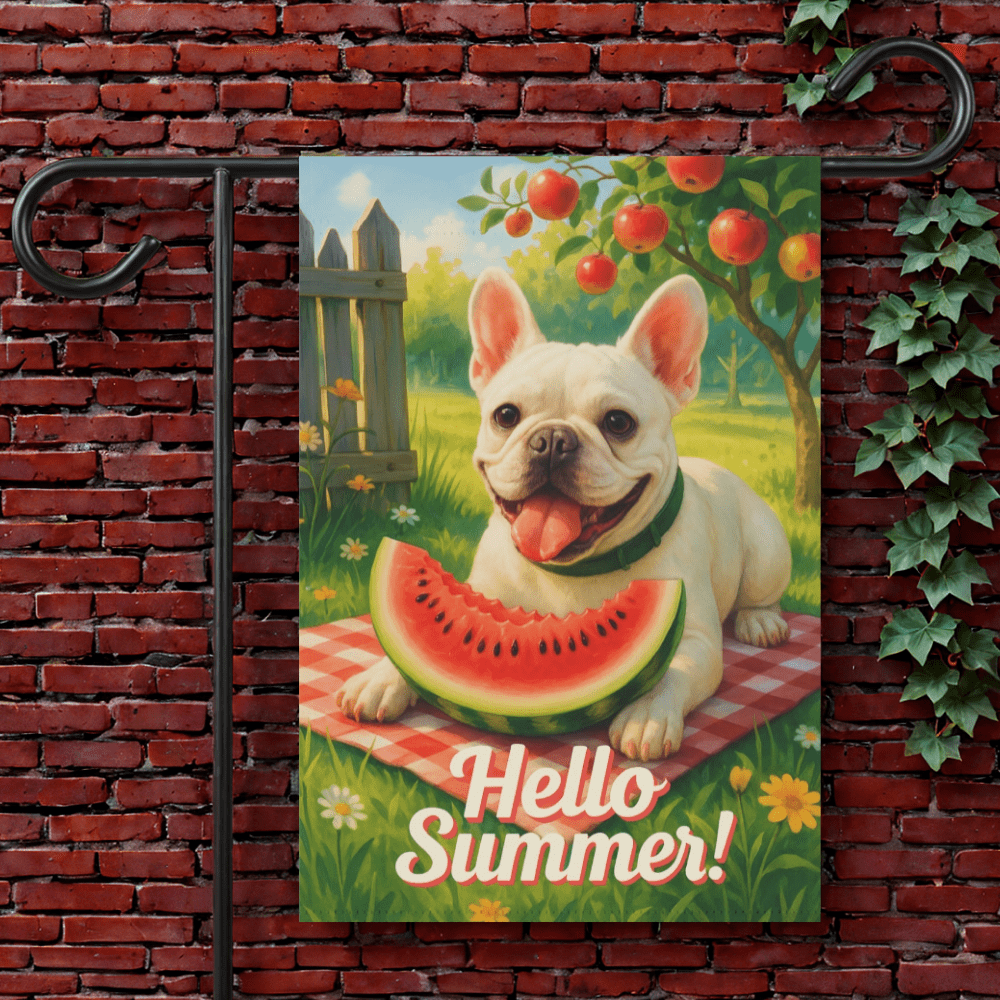 Printify Garden Flag 12'' × 18'' White French Bulldog Watermelon Garden Flag