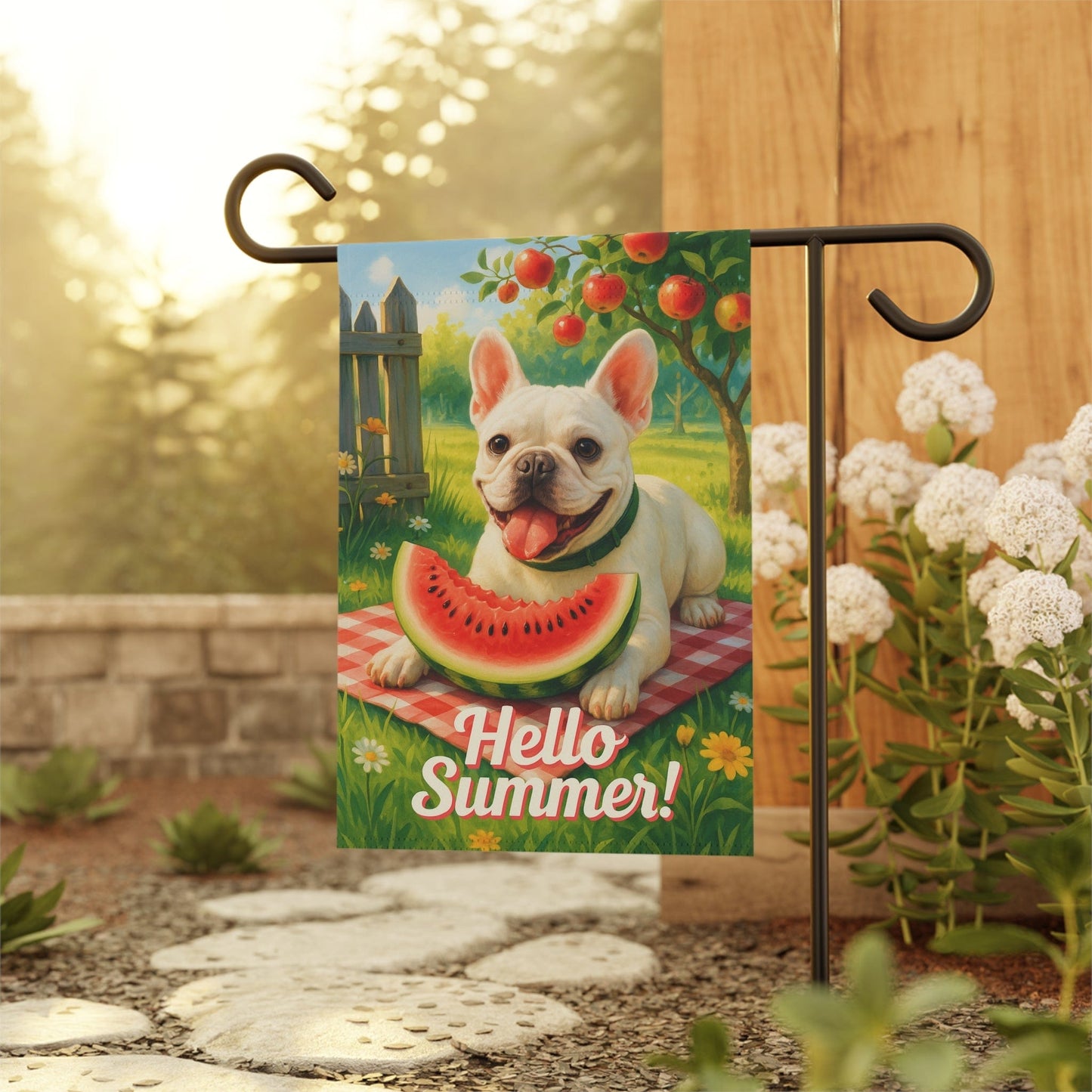 Printify Garden Flag White French Bulldog Watermelon Garden Flag