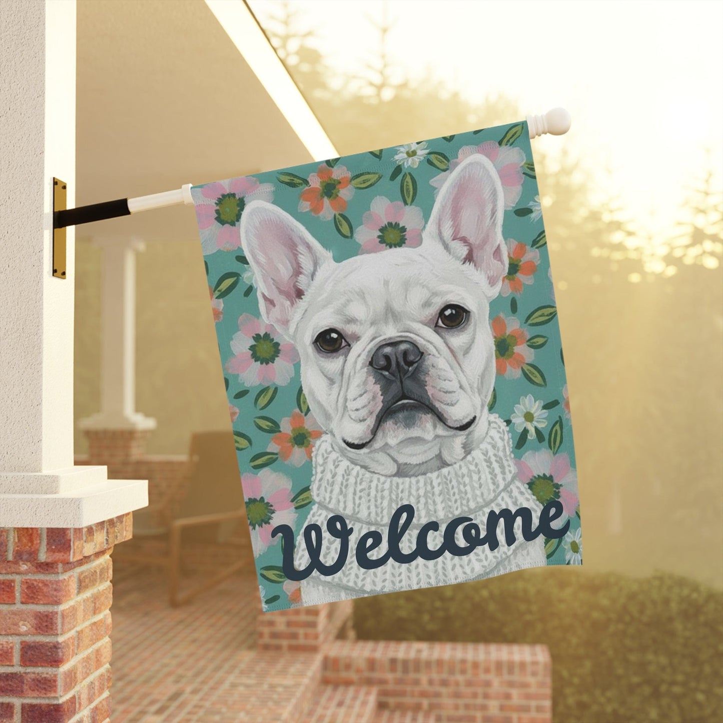 White Frenchie Spring Flowers Garden Yard Flag