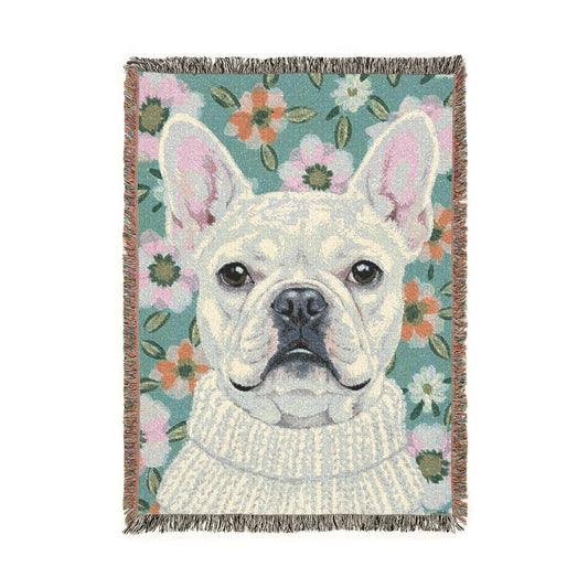 White Frenchie Spring Flowers Woven Blanket