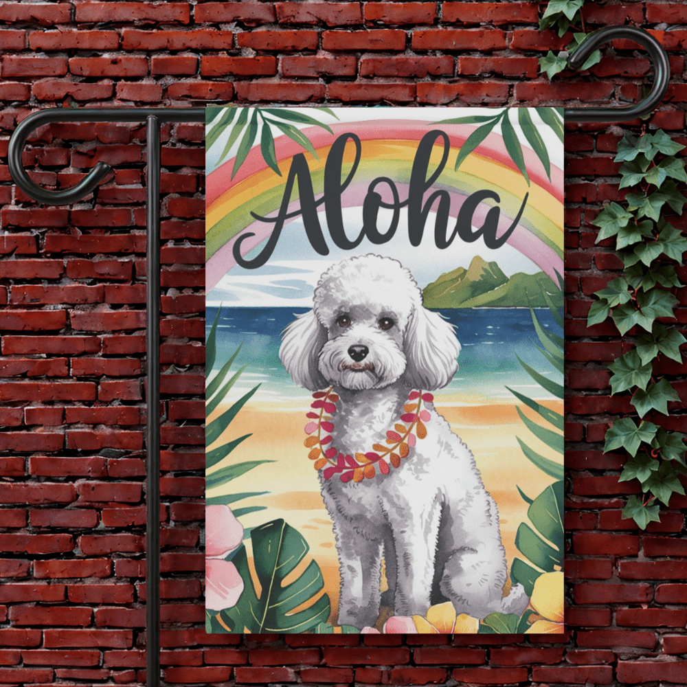 Printify Garden Flag 12'' × 18'' White Miniature Poodle Aloha Garden Flag