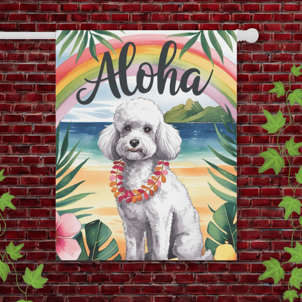 Printify Garden Flag 24.5'' × 32'' White Miniature Poodle Aloha Garden Flag