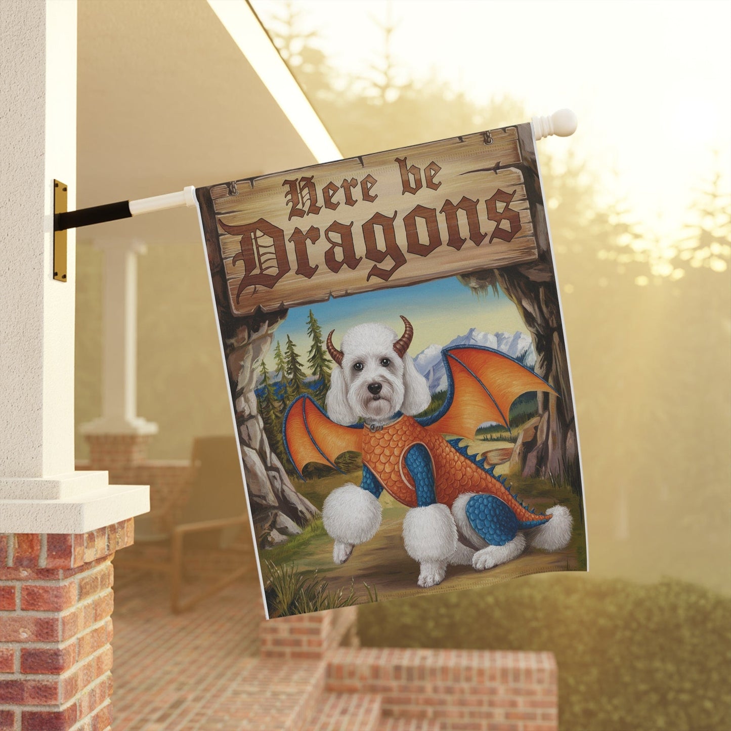 Printify Home Decor White Poodle Dog Dragon Garden Flag, Fantasy Pet Yard Spring Decor, Housewarming Halloween