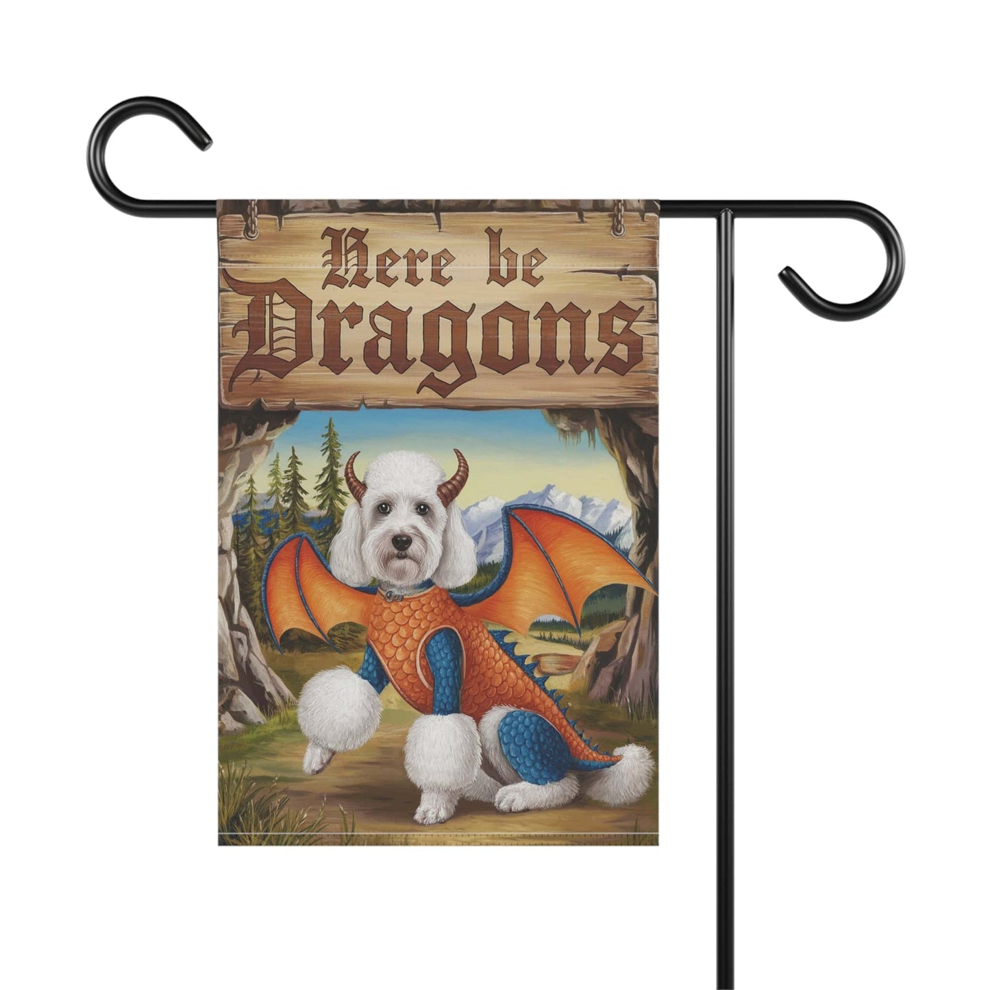 Printify Home Decor White Poodle Dog Dragon Garden Flag, Fantasy Pet Yard Spring Decor, Housewarming Halloween